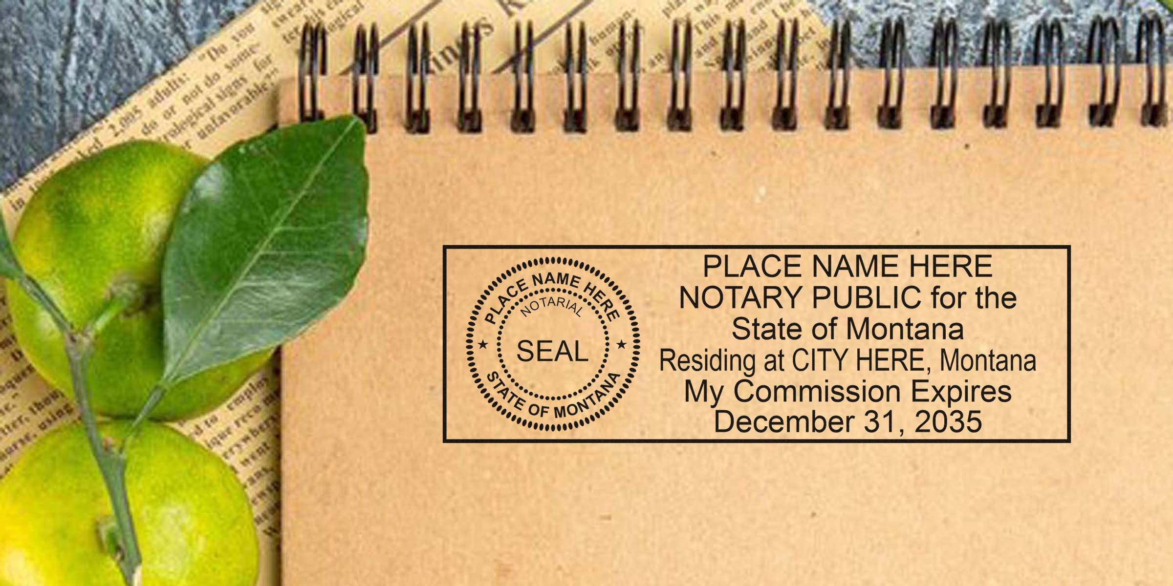 Montana Notary Stamp MT on notebook with green leaves, showing commission expiration and official state certification, highlighting quality notary supplies.