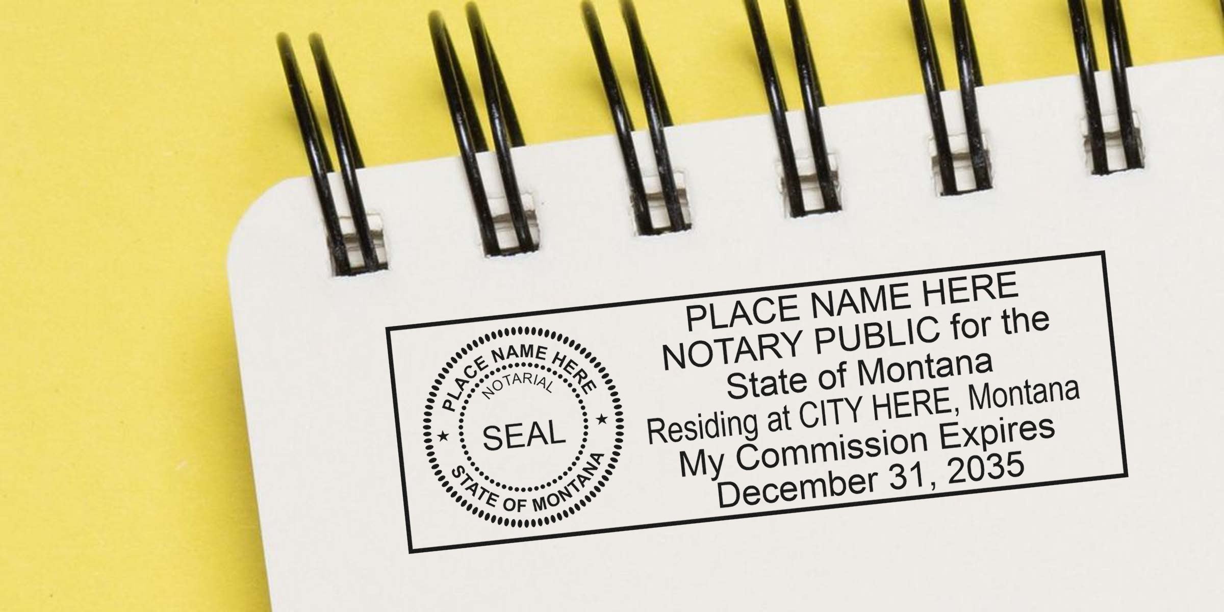 Montana notary seal stamp on a spiral notebook showing the commission expiration date, part of online notary supplies.