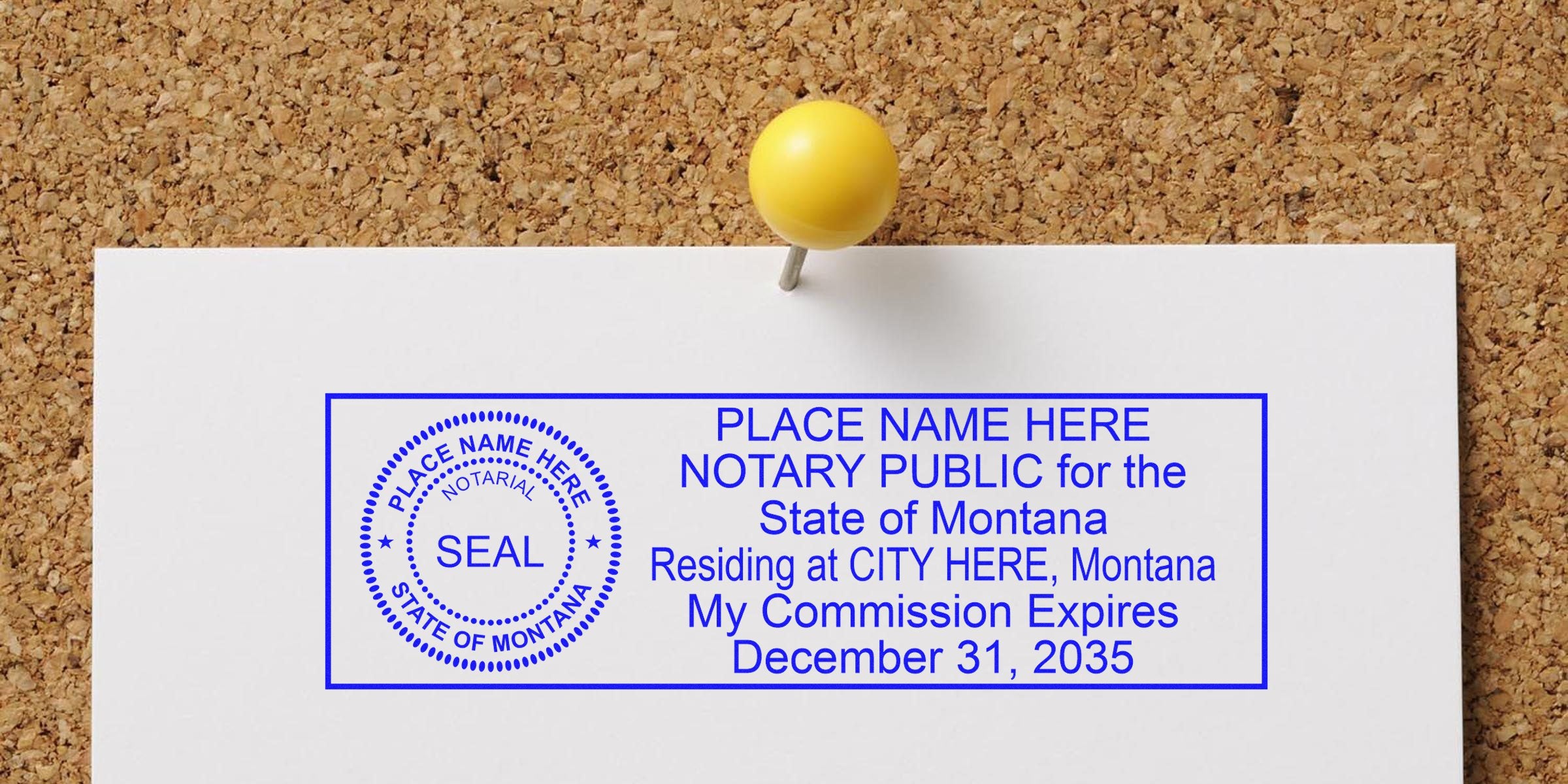 Montana notary seal stamp with commission expiration date pinned on a corkboard, showing the seal's expiration.