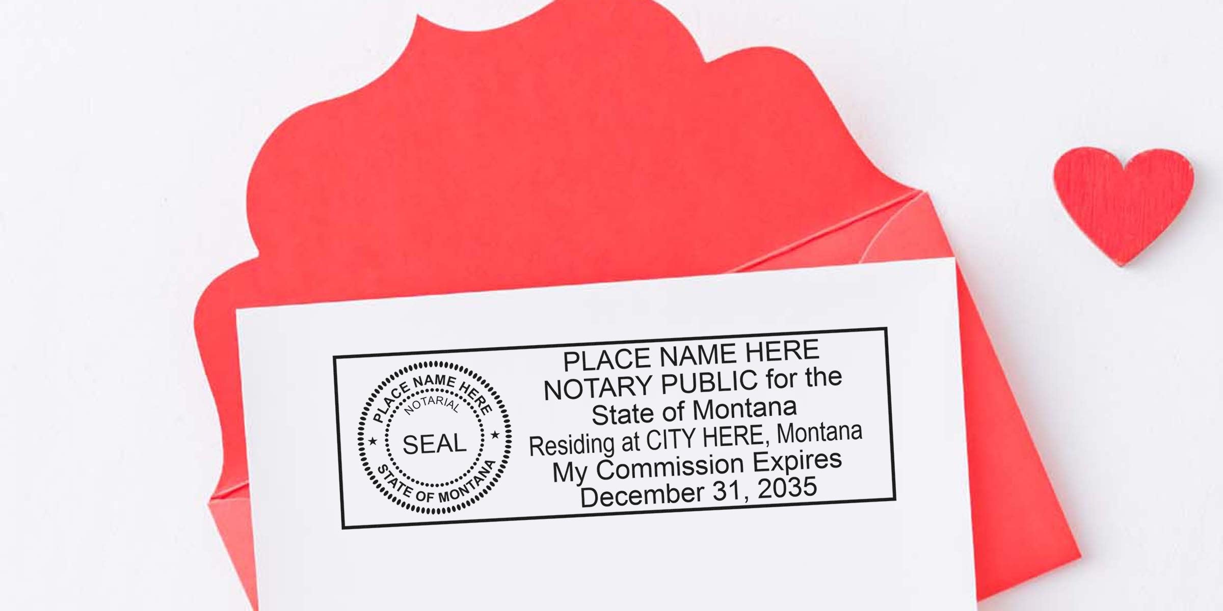 Montana notary public commission certificate with official seal, stamp, and expiration date, inside a red envelope adorned with a heart.