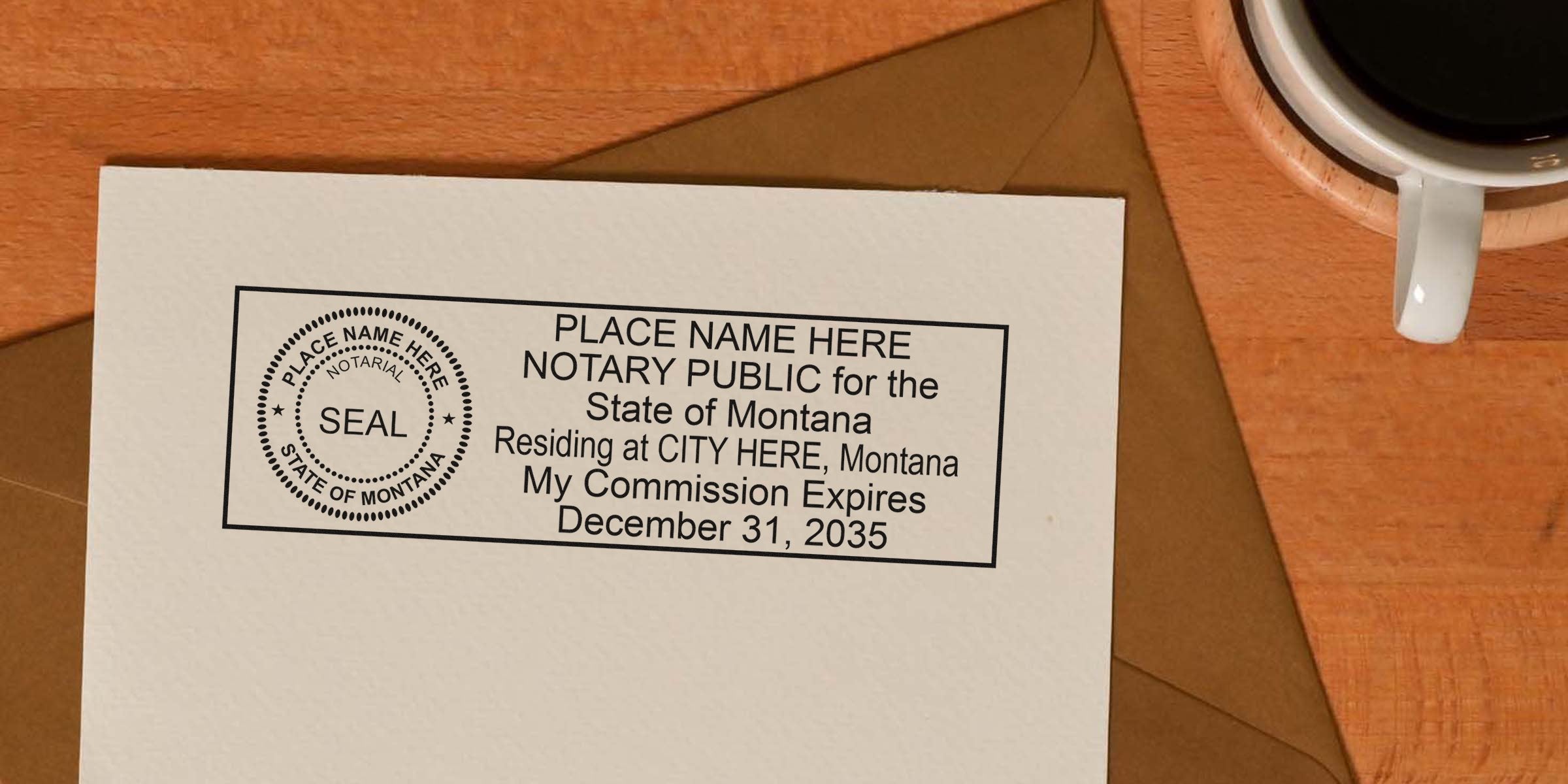 MT Notary Seal on paper showing commission expiration date, highlighting Notary Seal benefits, placed beside a coffee cup.