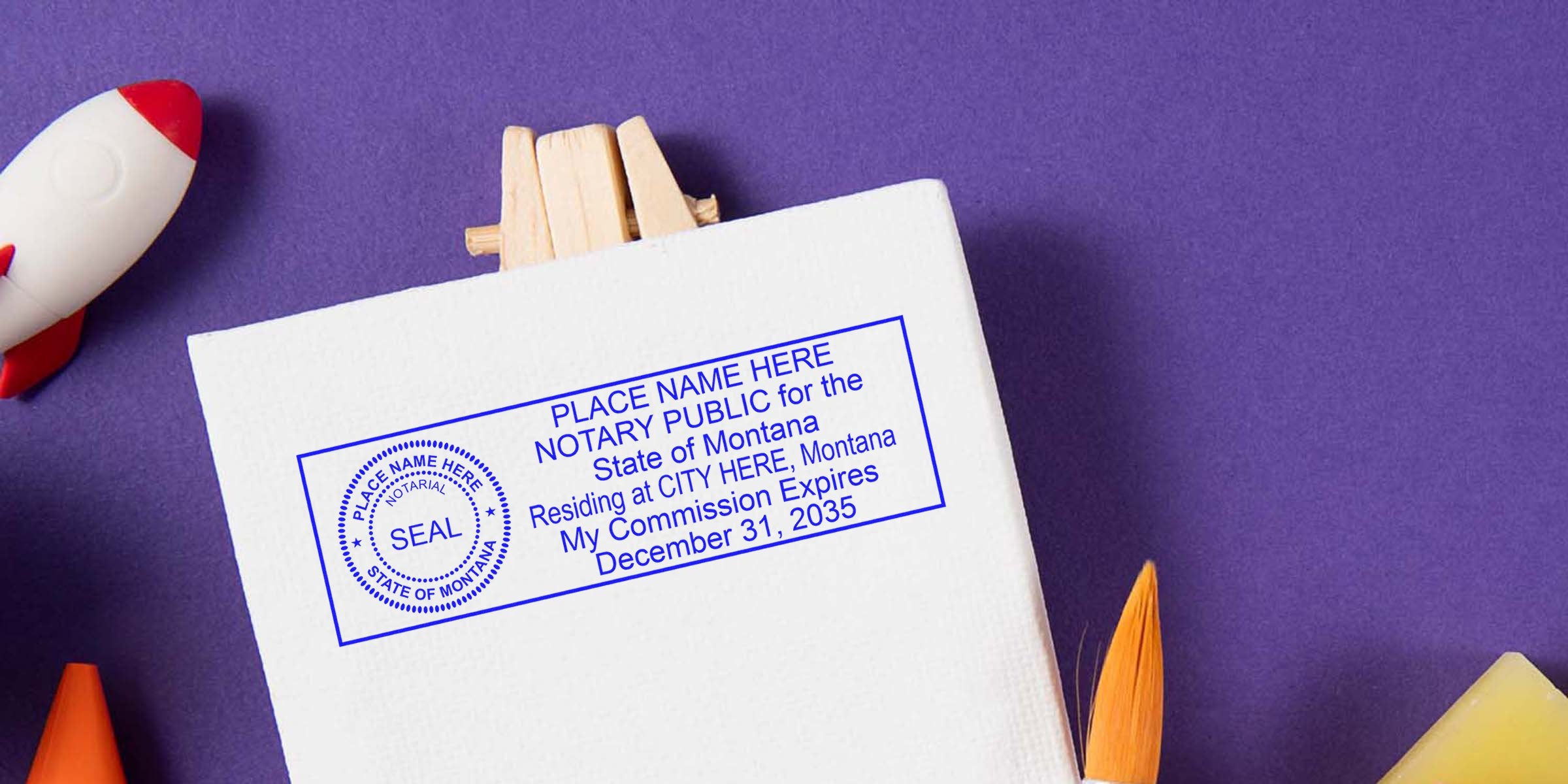 Montana notary stamp on white canvas with purple background and paintbrushes, highlighting trusted notary supplies.