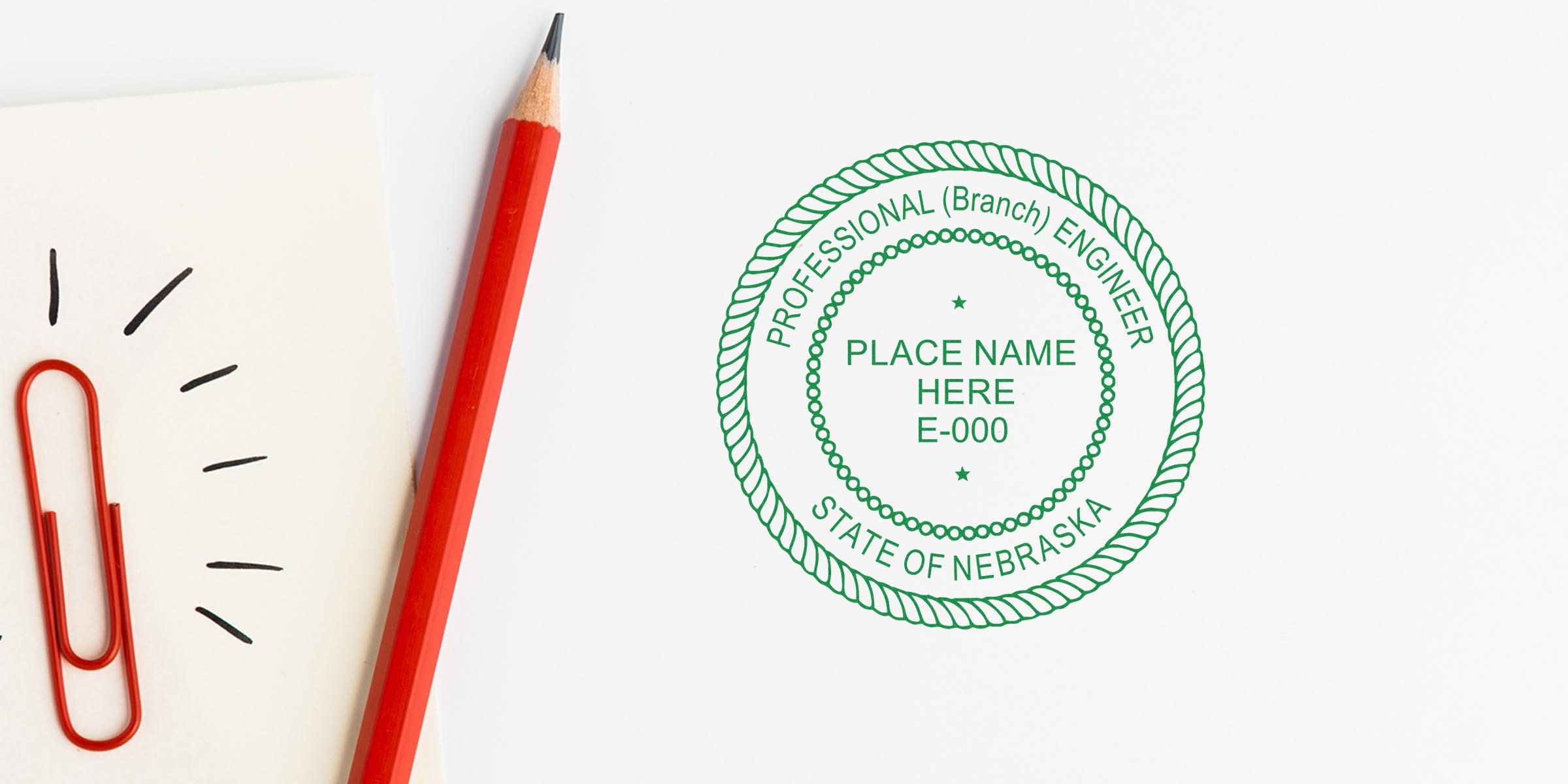 Nebraska engineering seal with red pencil and paperclip on white background, highlighting Nebraska's engineering seal design.