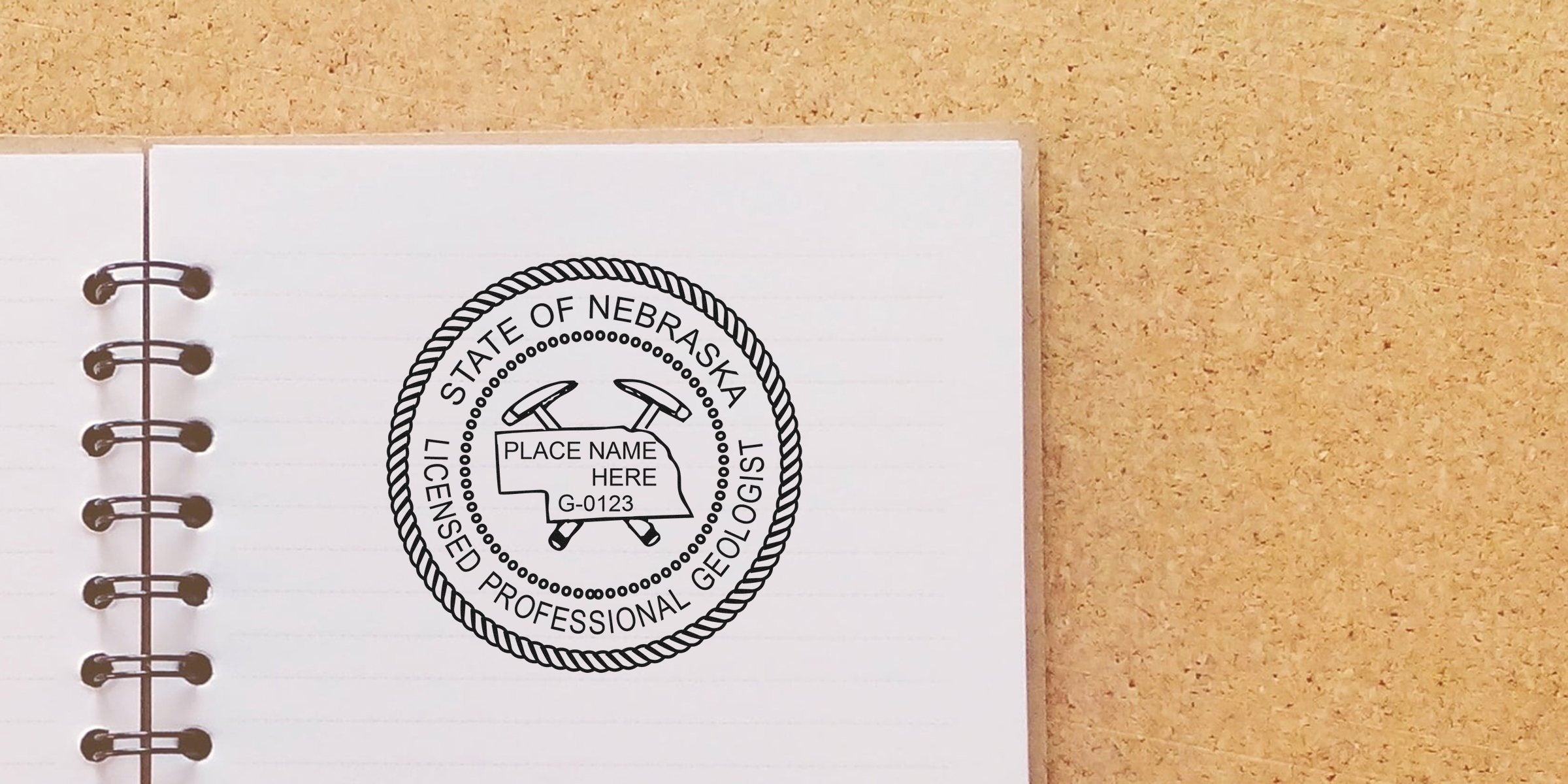 Nebraska geologist stamp shown as a licensed professional seal on a notebook page, featuring a secure online geologist stamp.