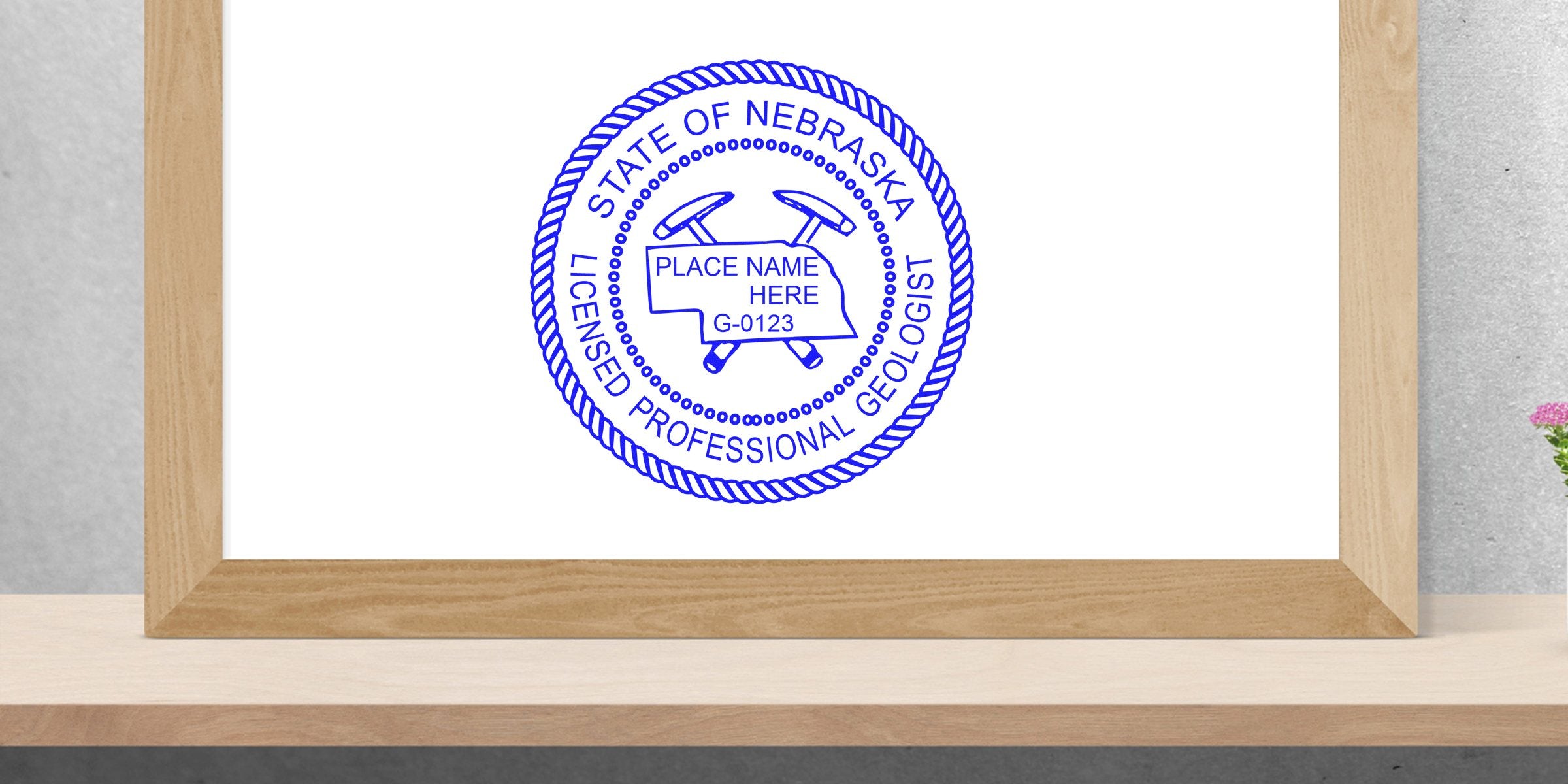 Nebraska licensed professional geologist seal on wooden shelf, featuring Nebraska geologist stamp with collectible value.