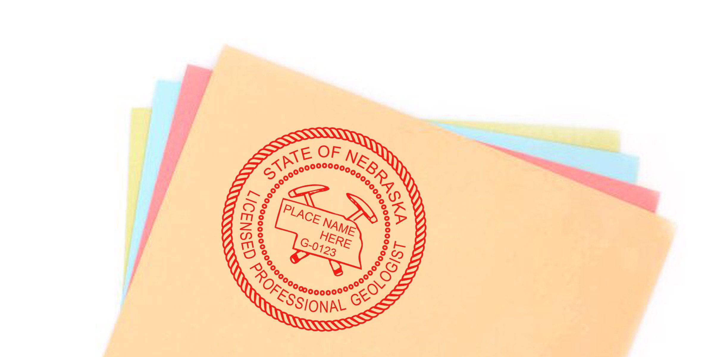 Nebraska Geologist Stamp on vibrant folders, featuring the licensed professional geologist seal. Buy your Nebraska Geologist Stamp today.