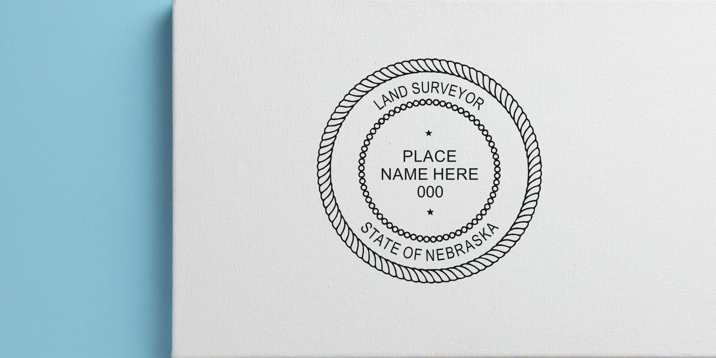 Official Nebraska land surveyor seal on white paper with blue background, displaying certified land surveying emblem and meeting all seal requirements.