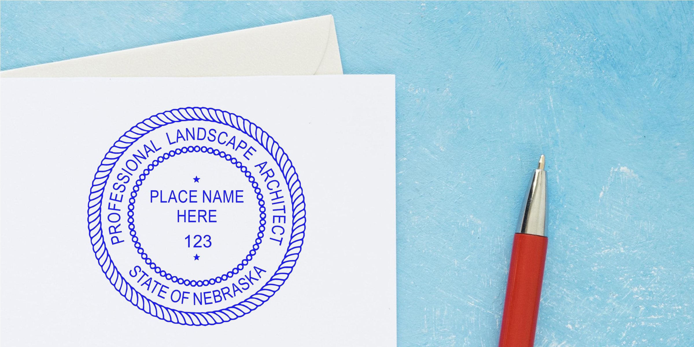 Nebraska landscape architect seal stamped in red on blue, symbolizing Nebraska landscape architect licensing.