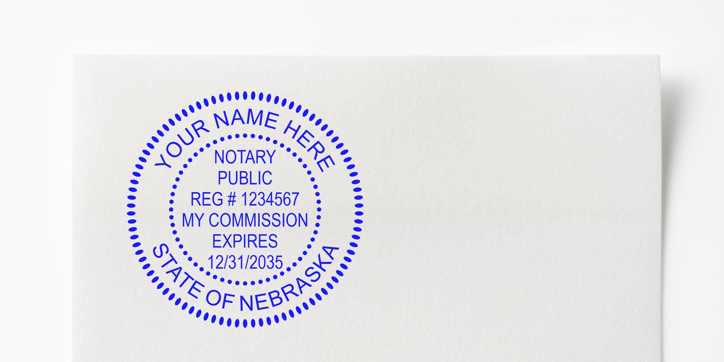 Nebraska notary stamp on white paper displaying commission expiration date, example of notary stamp format.