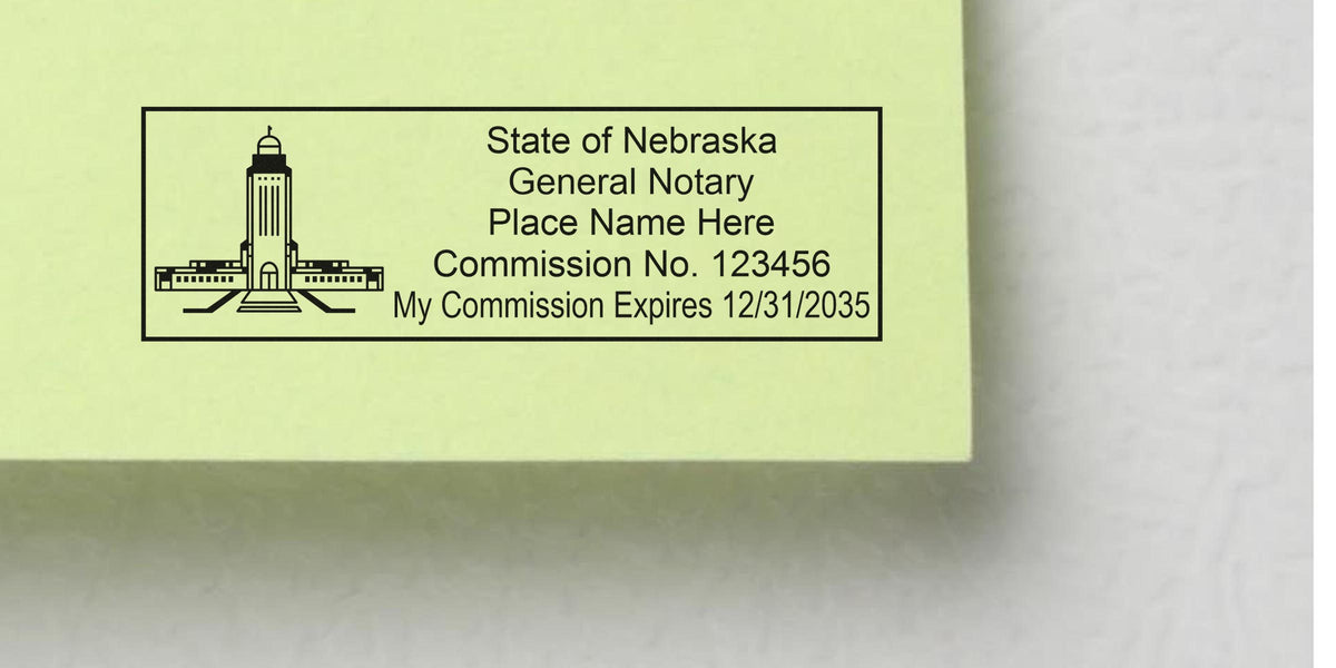 Nebraska notary stamp on yellow paper with commission number and expiration date, essential for official documents, plus guidance on proper use of notary supplies.