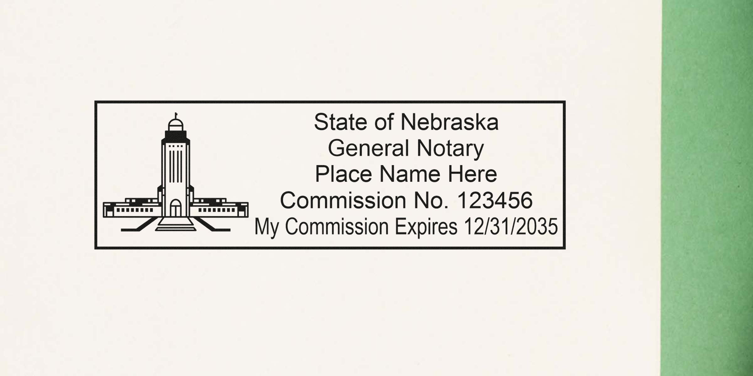 Nebraska notary stamp on white paper displaying commission number and expiration date.