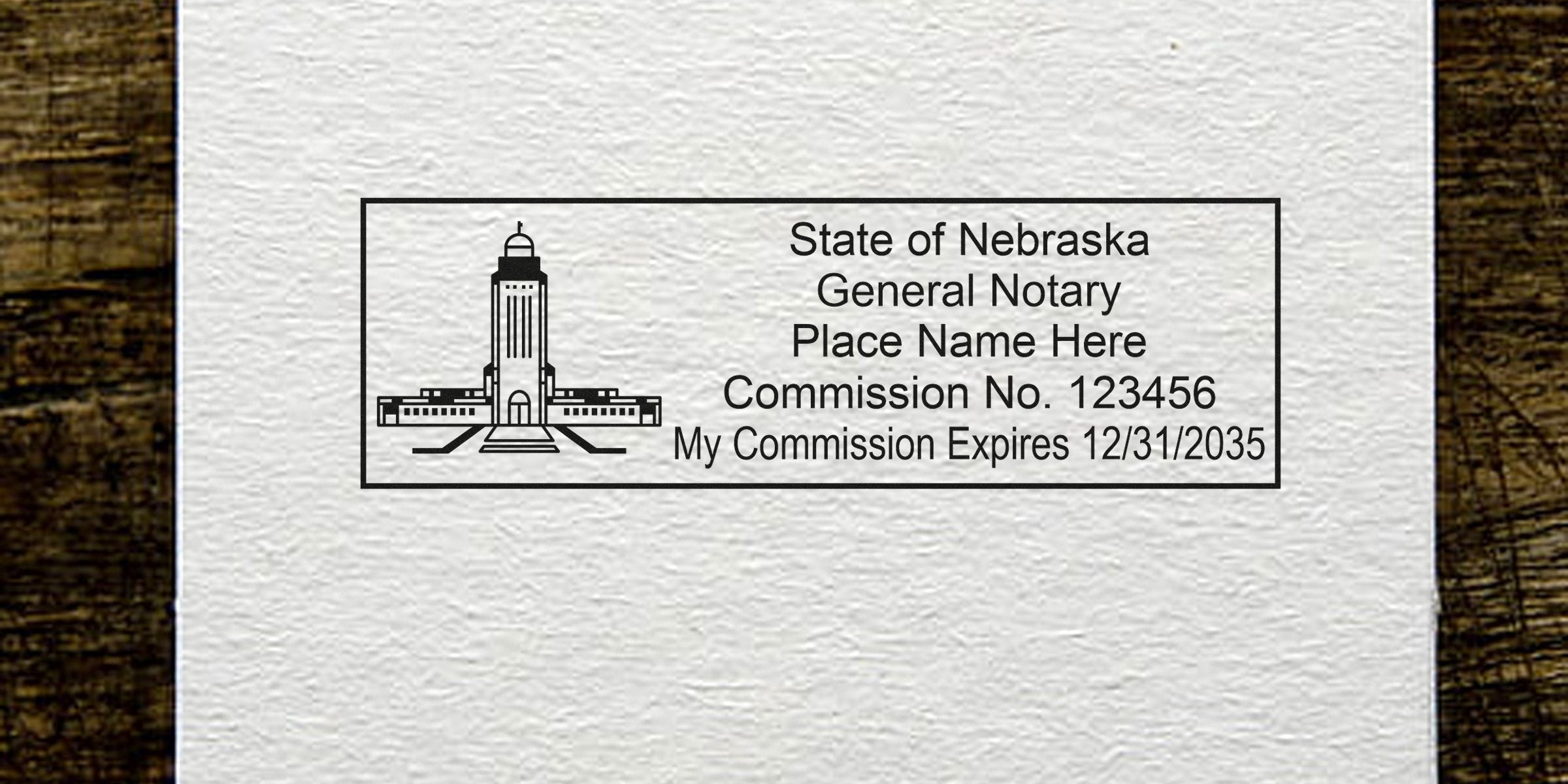 NE notary seal with commission number and expiration date on textured paper, known as Nebraska's top notary seal.