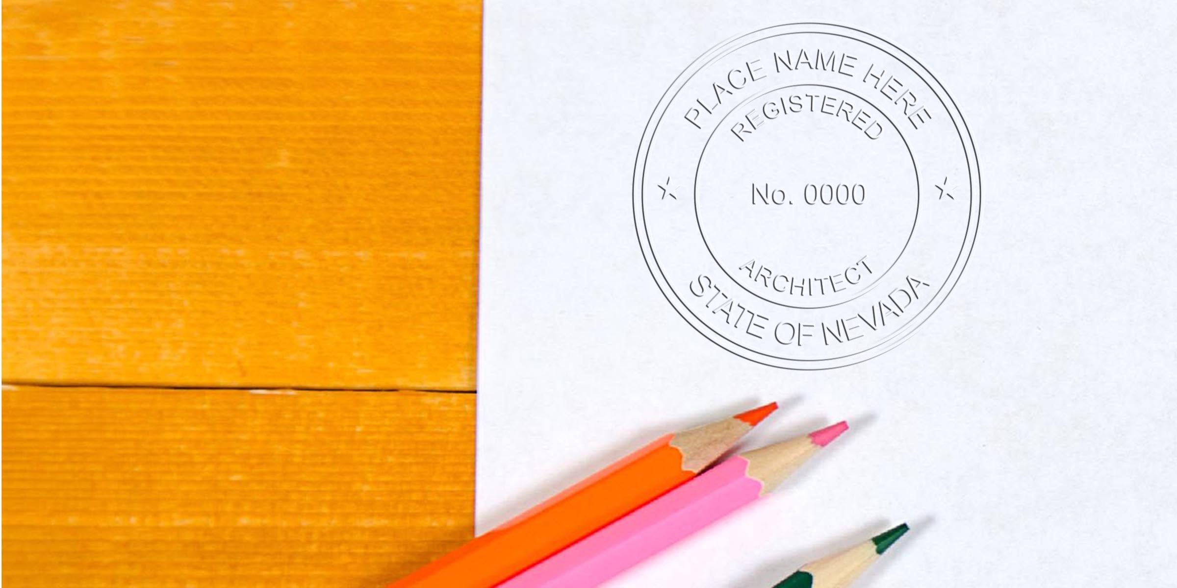 Architect license stamp on white paper with colored pencils, showing Nevada architect stamp requirements and guidelines.