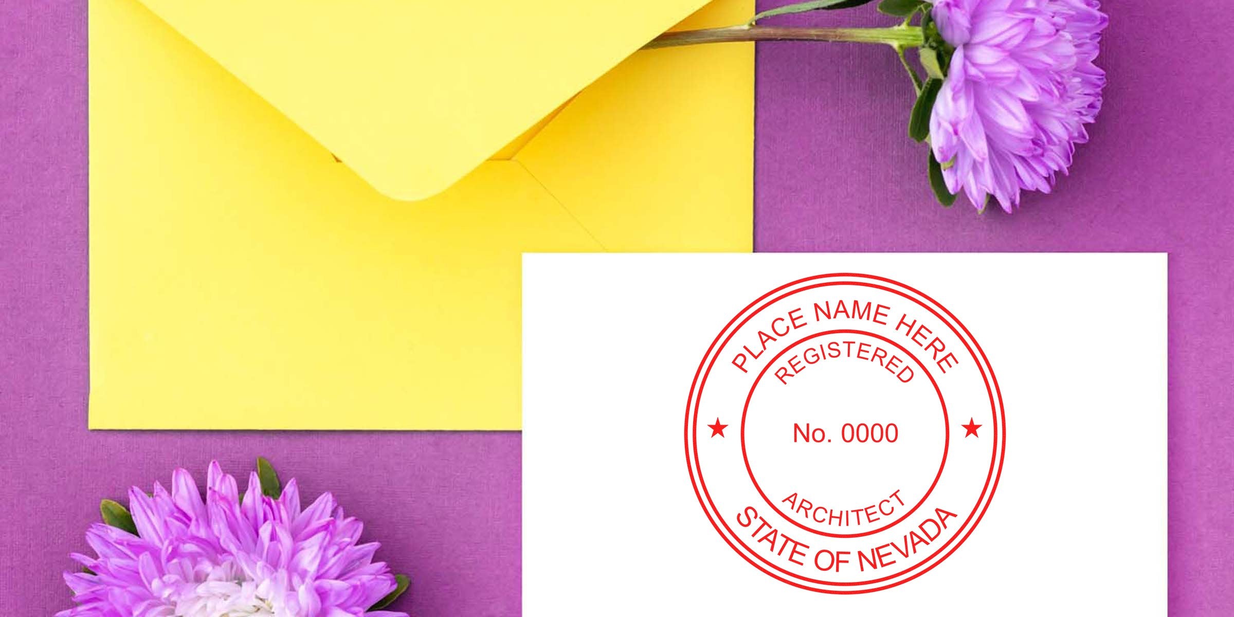 Yellow envelope with purple flowers and a Nevada architect stamp on white paper, showcasing online deals for architect stamps.
