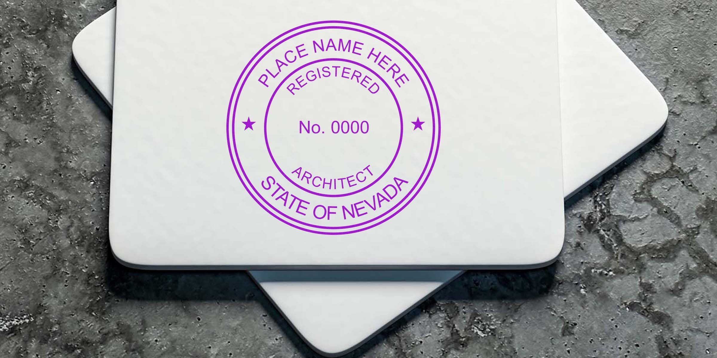 Custom Architect Seal Nevada on white cards with a concrete background, including an Architect Seal Purchase Guide.