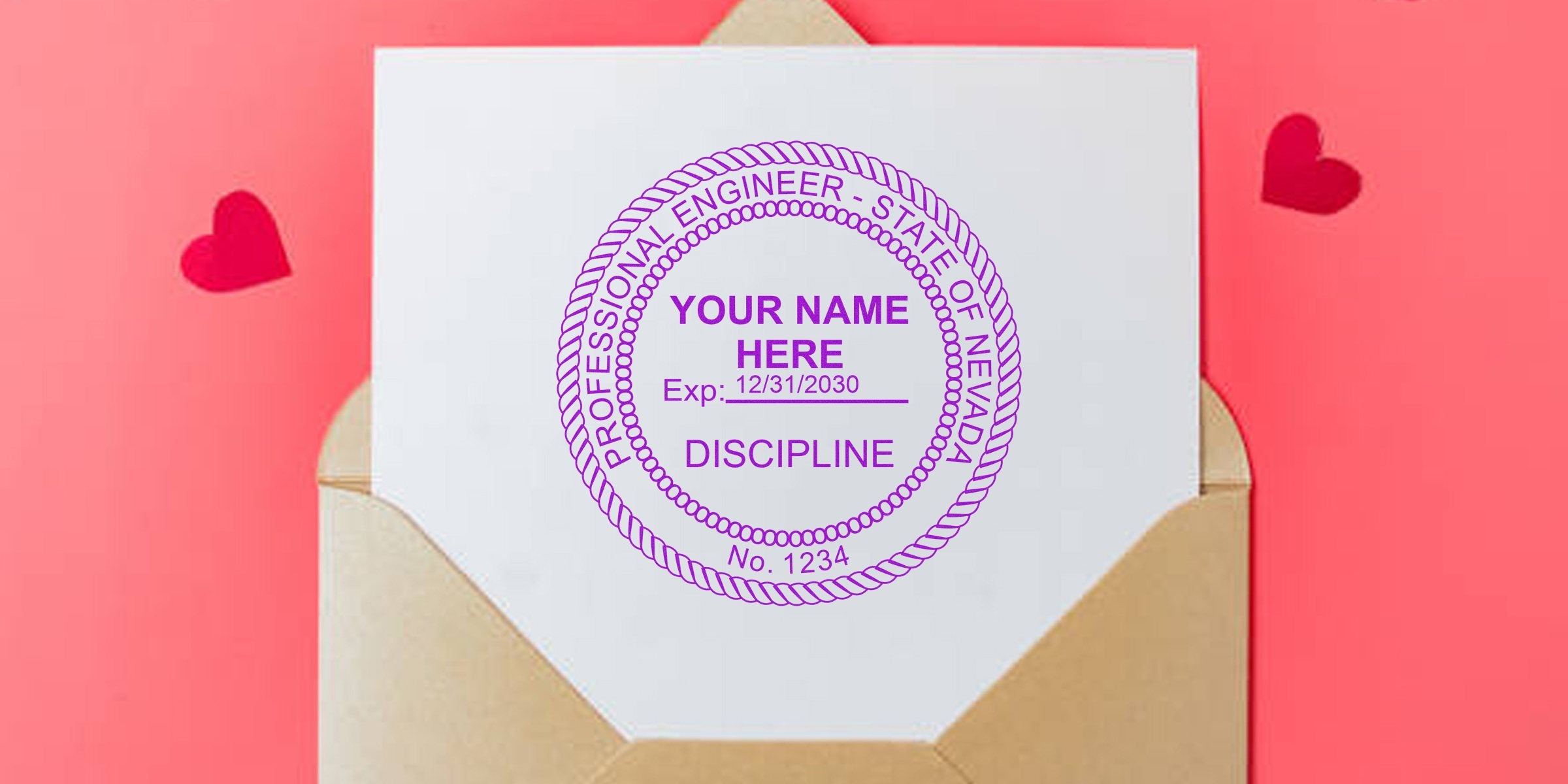Professional engineer stamp template on white card in envelope with red hearts, featuring Nevada PE stamp size and engineering seal design meeting Nevada PE certification requirements.