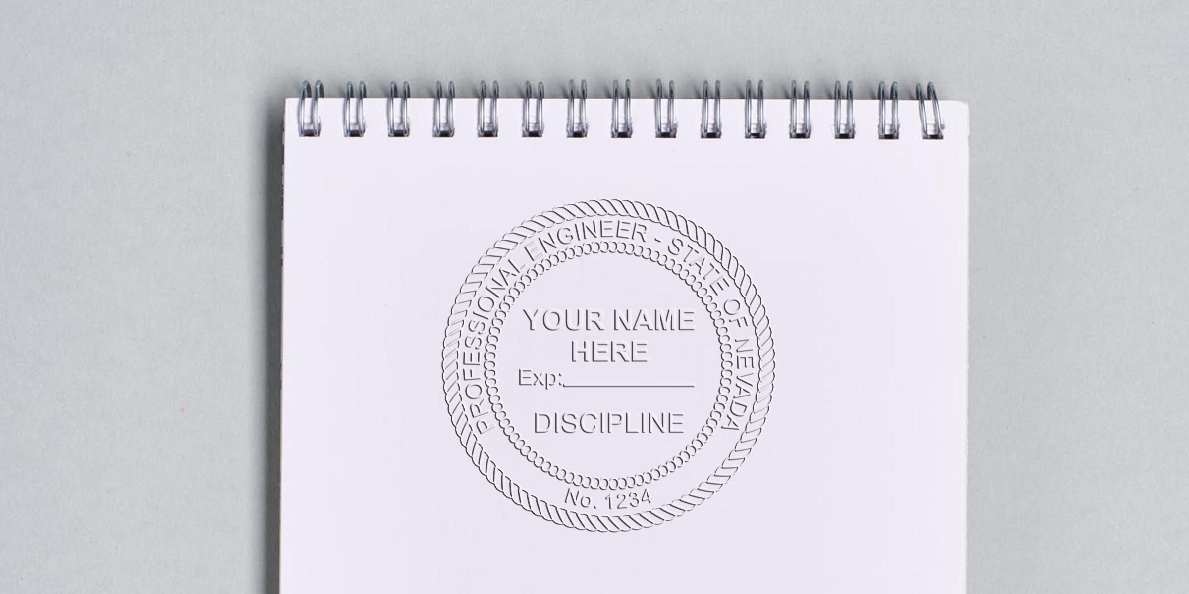 Professional engineer seal on white notepad showing NV PE seal specs and engineering seal requirements for Nevada license verification.