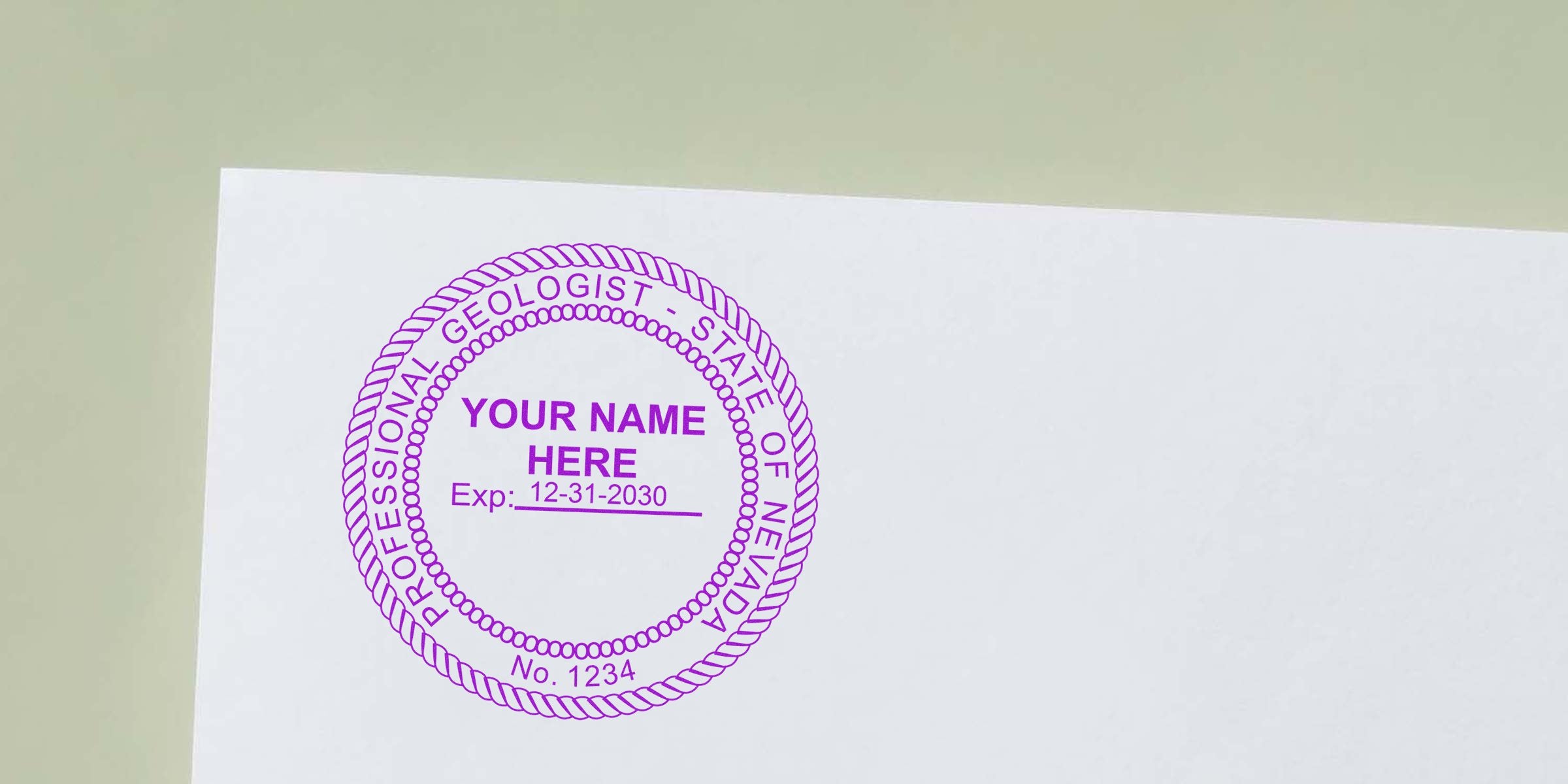Nevada geologist stamp with a custom seal, featuring a personalized name and expiration date on white paper.