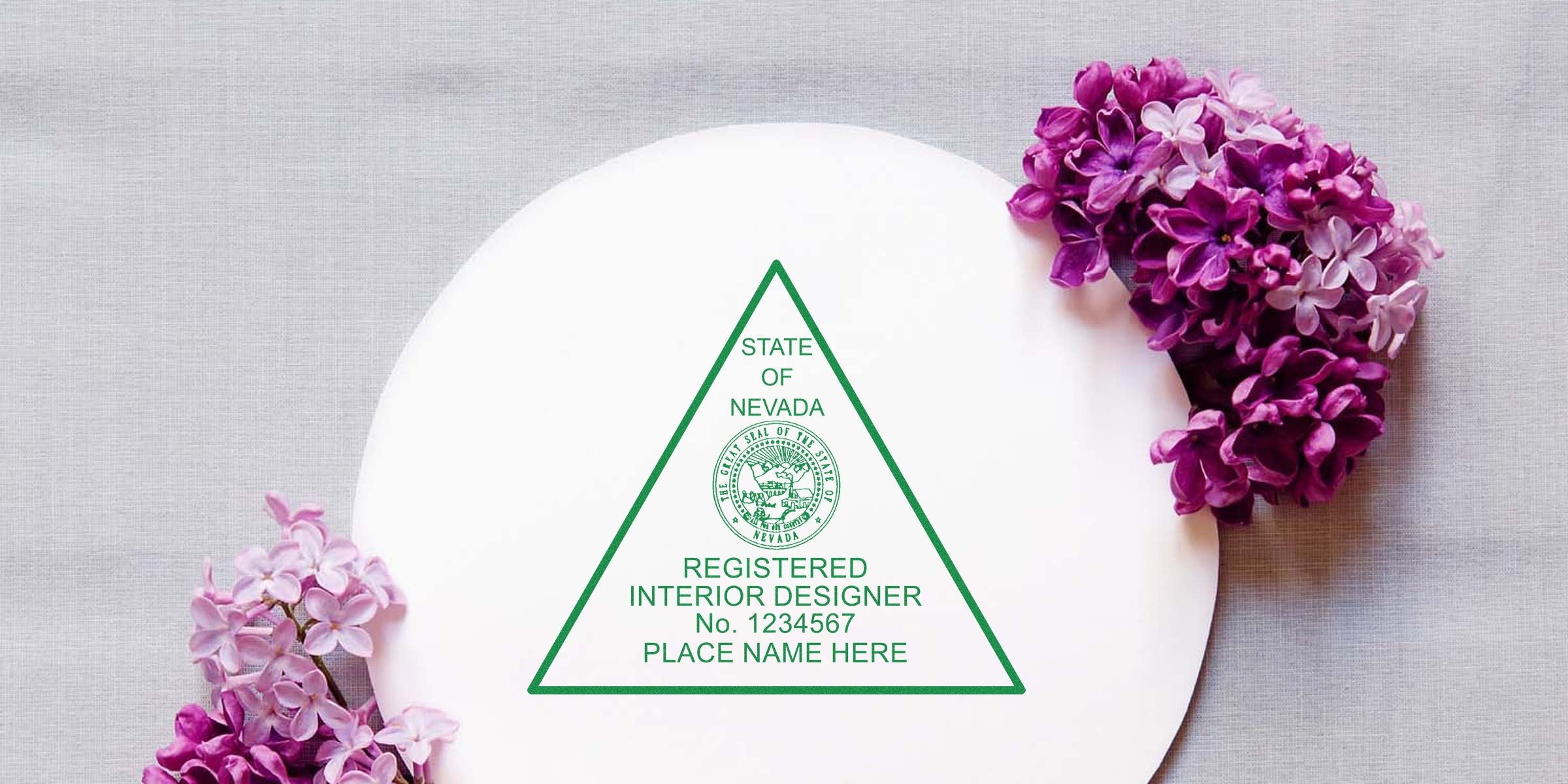Nevada registered interior designer certification logo on white plate with purple flowers, showing stamp application and instructions on how to apply for the stamp.
