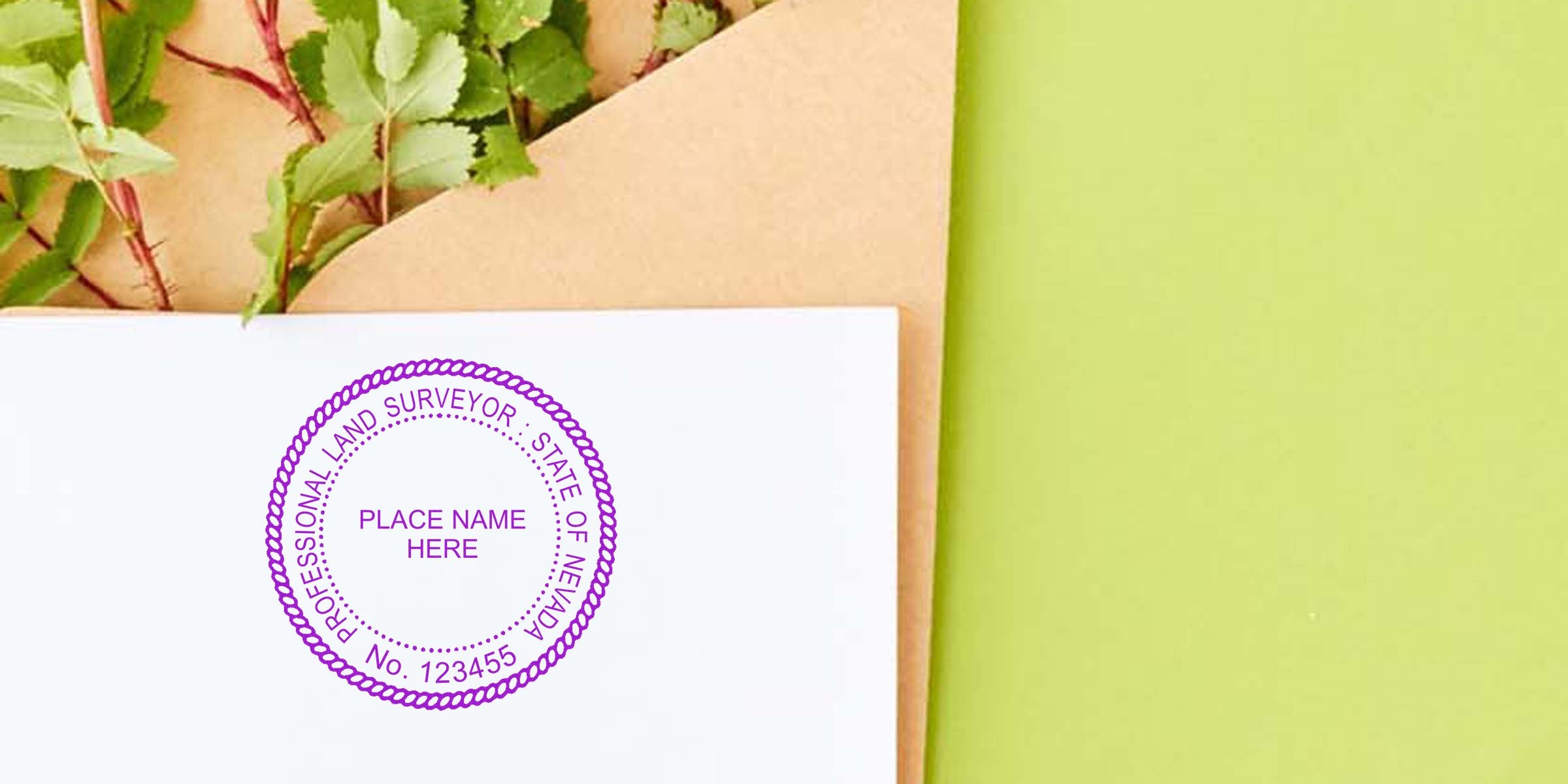 Nevada land surveyor stamp on white paper with green leaves and an envelope, showing a land surveyor stamp design checklist.