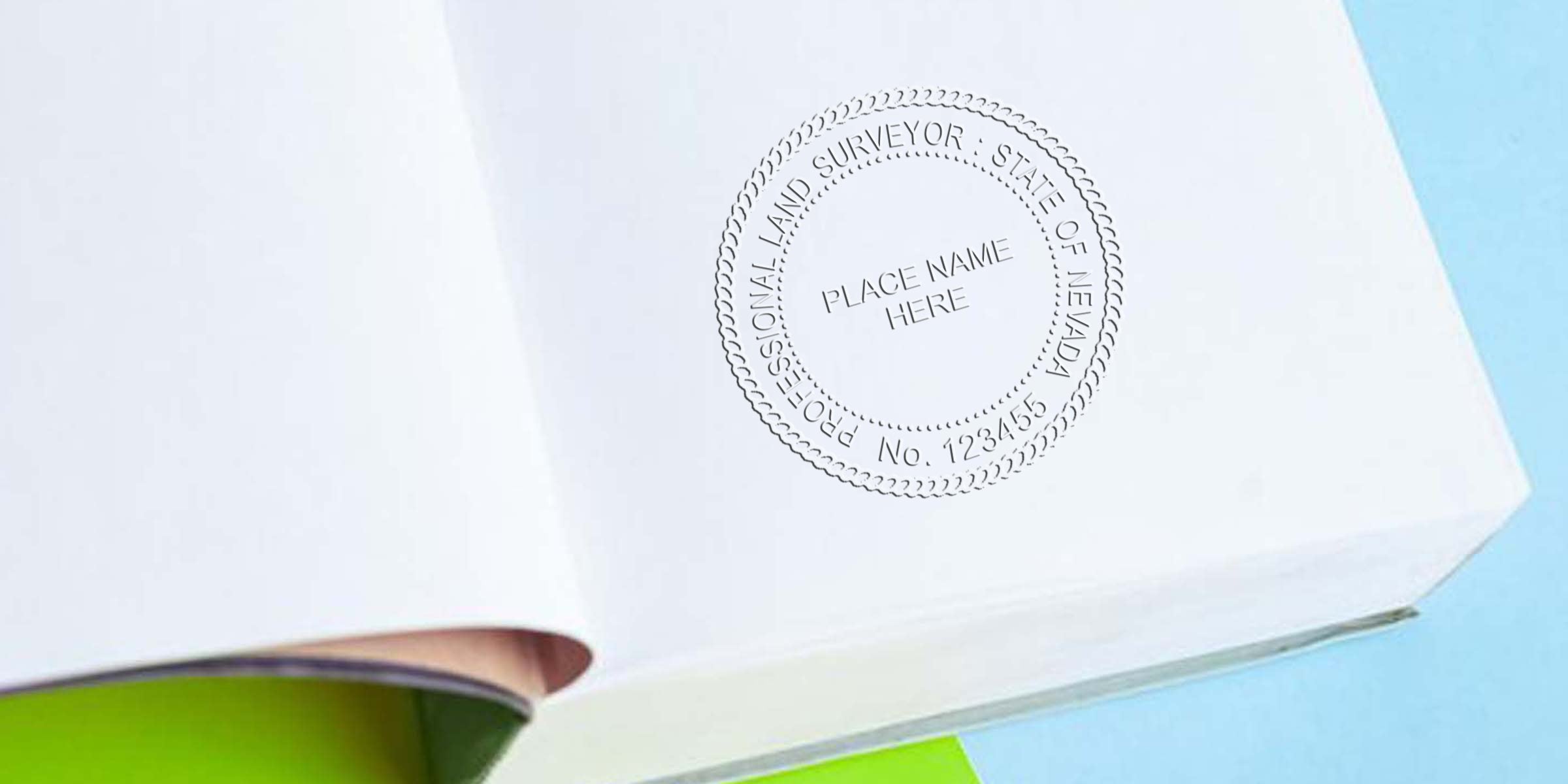 Embossed Nevada land surveyor stamp on white paper, symbolizing compliance with Nevada land surveying regulations for professional services.