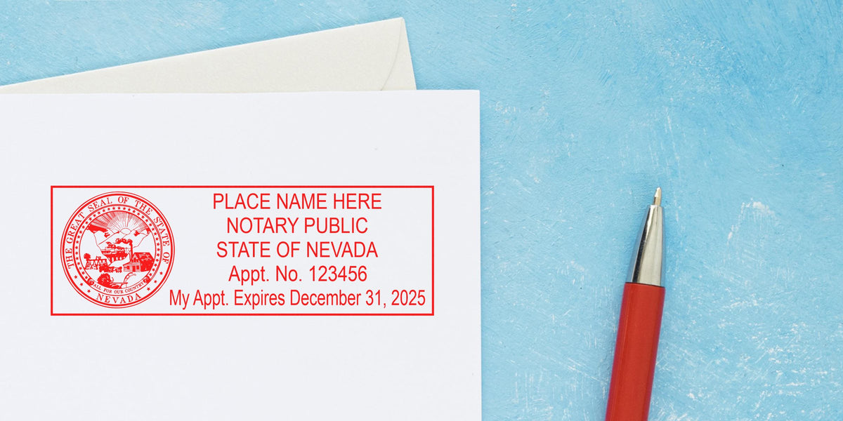 Nevada notary stamp on white paper with a red pen, highlighting quality notary supplies against a blue background.