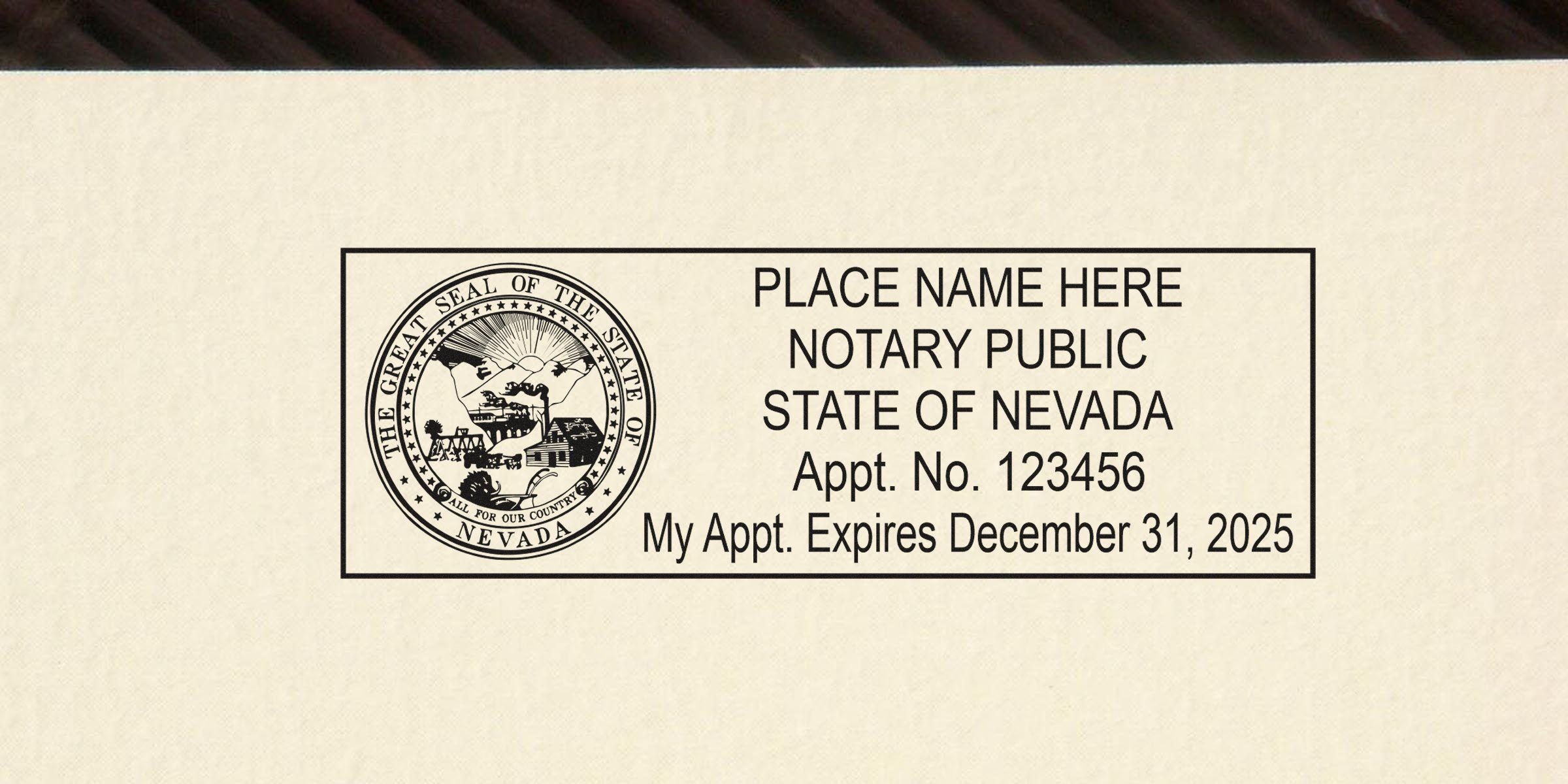 Nevada notary seal with the Great Seal of Nevada and appointment expiration date of December 31, 2025, as shown in this notary seal guide.