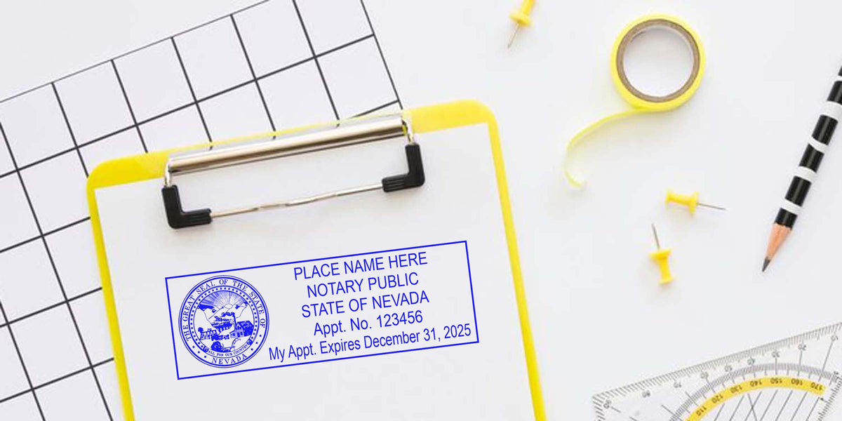 Nevada notary stamp on clipboard with state seal and expiration date, office supplies background; purchase notary stamps online.