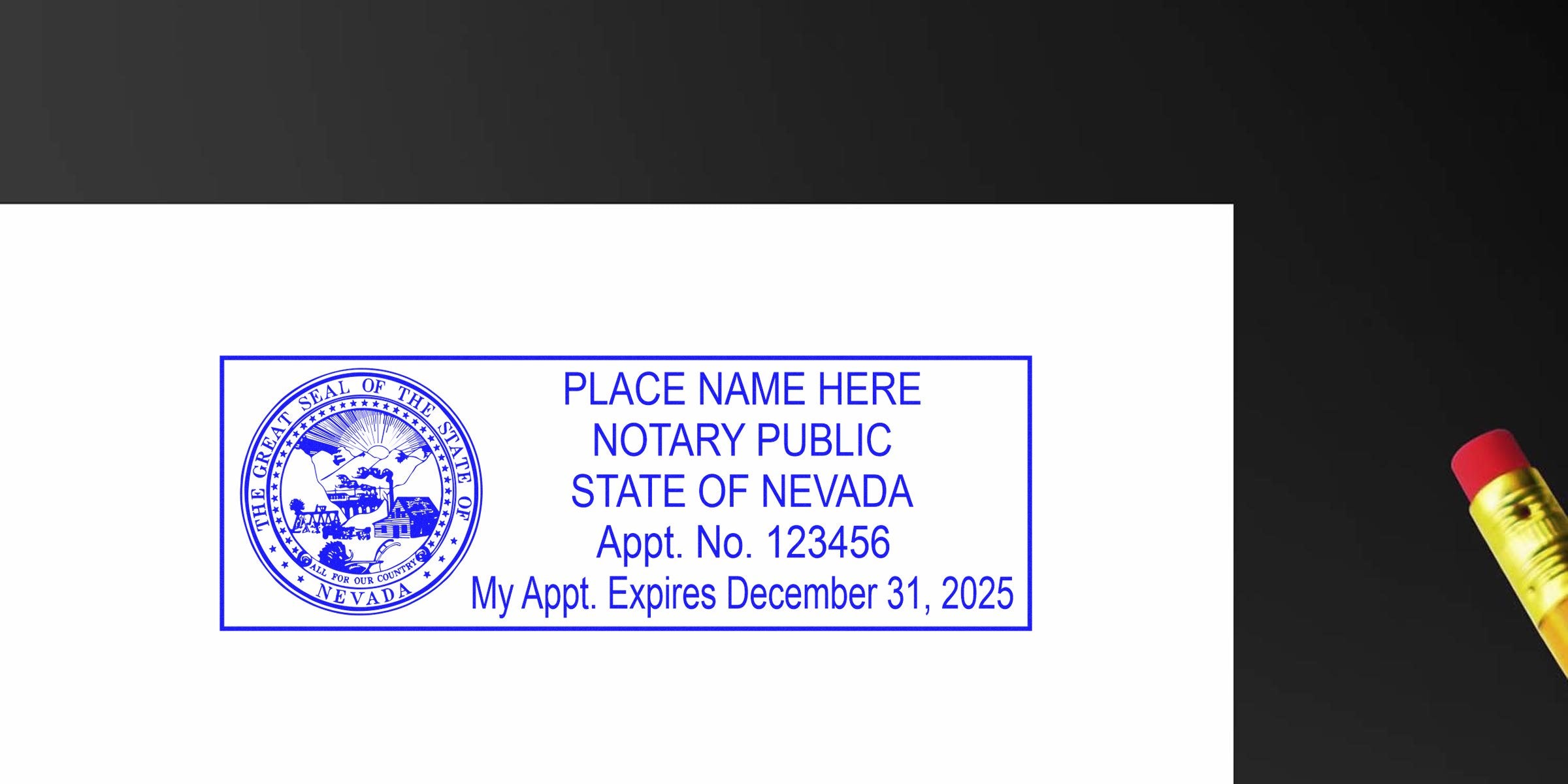 Nevada notary public stamp with state seal and appointment expiration date on white paper, included in Notary Kit Nevada and Nevada Notary Starter Guide.
