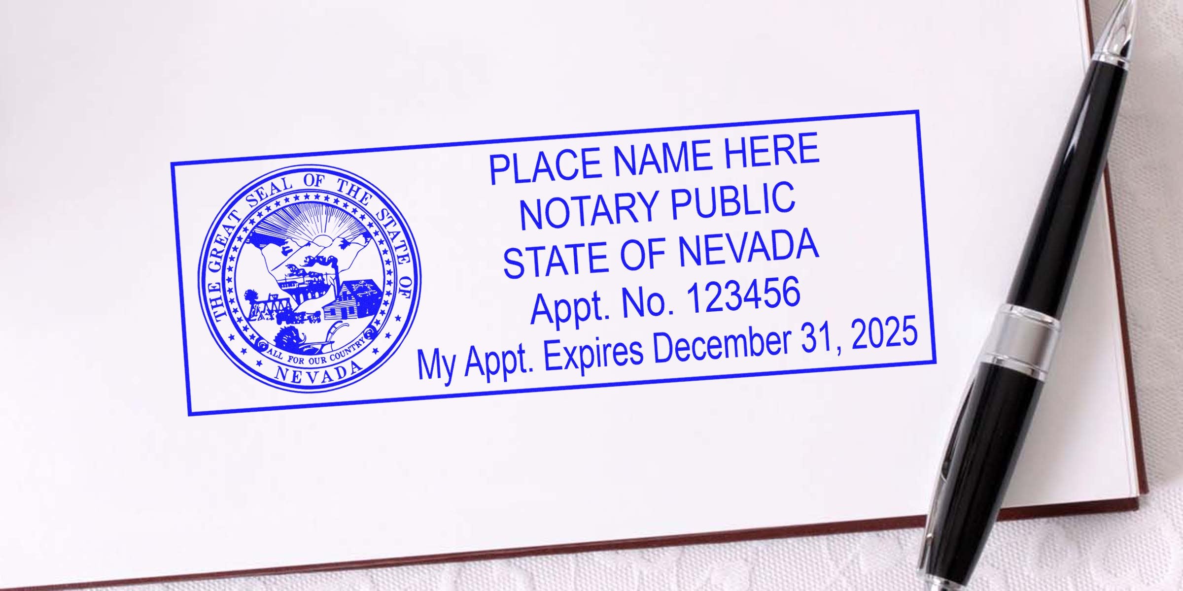 Nevada notary stamp with appointment number and expiration date on white paper beside a black pen, symbolizing the top notary stamp in Nevada.