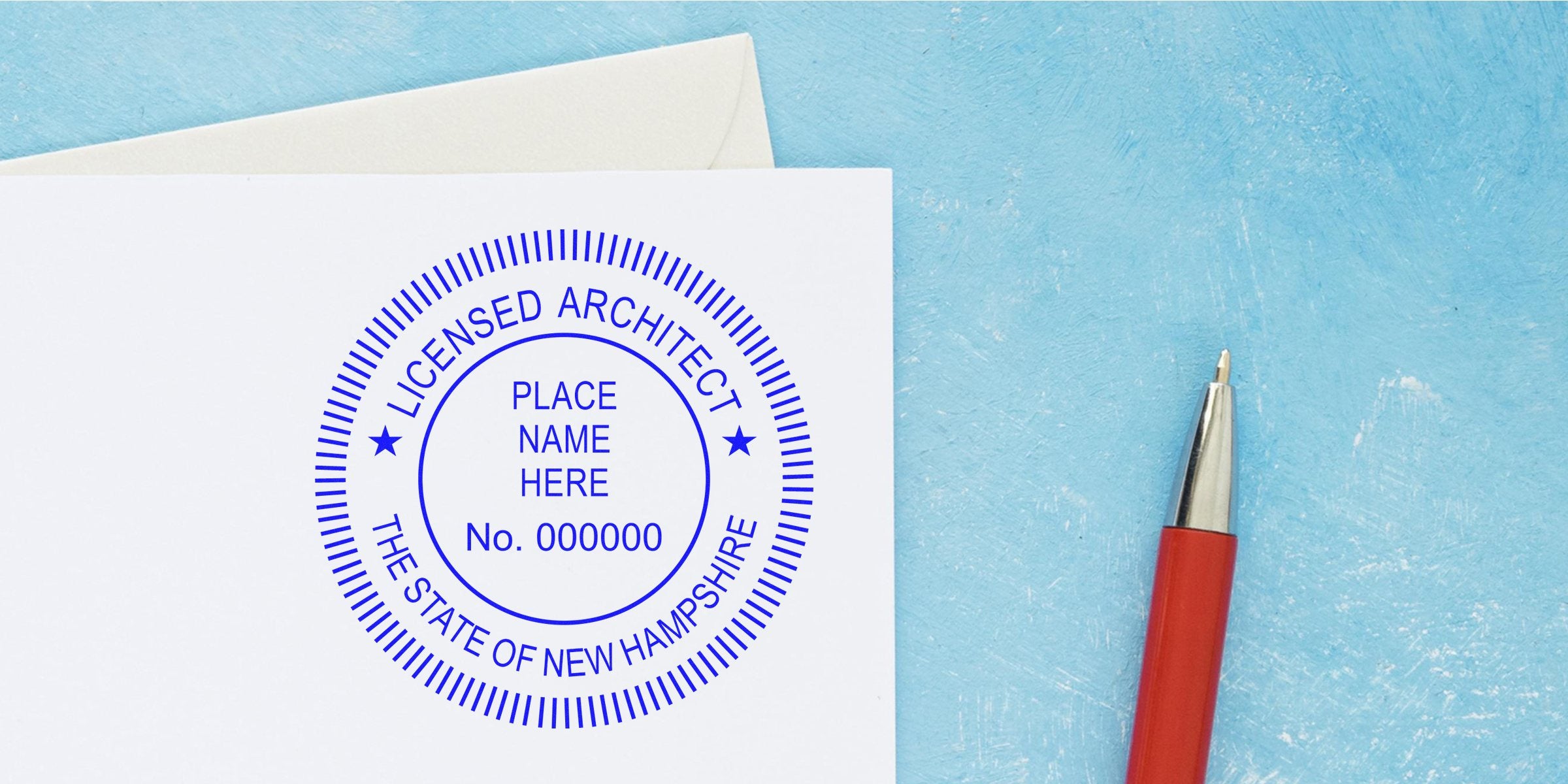 Architect stamp New Hampshire on white paper with red pen, set against a blue background, depicting the purchase of an architect seal NH.