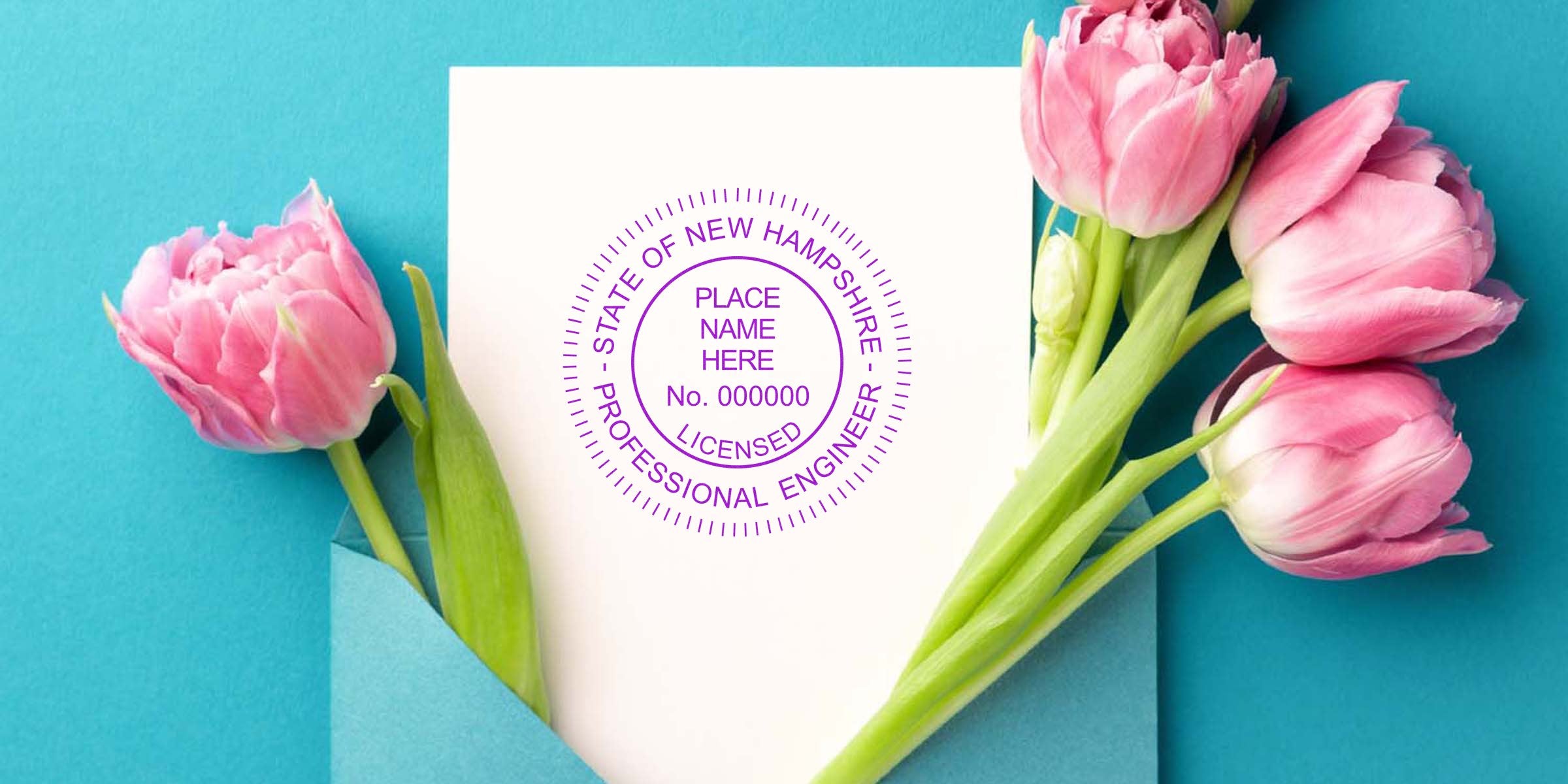 Pink tulips next to a white card with a creative New Hampshire PE stamp, sealed with the NH professional engineer seal, inside a blue envelope.