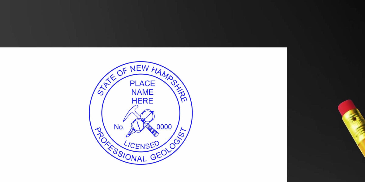 New Hampshire Geologist Seal with geological tools and license number on white paper, symbolizing NH Geologist Certification.