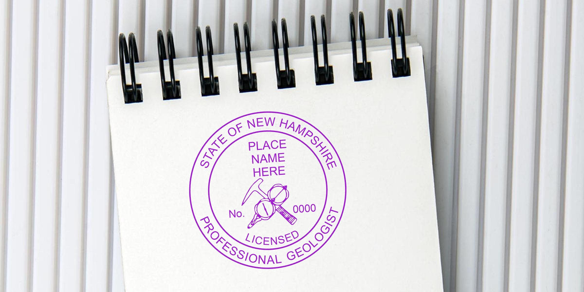 New Hampshire Geologist Stamp on spiral notebook with professional geologist license. Get your Geologist Stamp online.