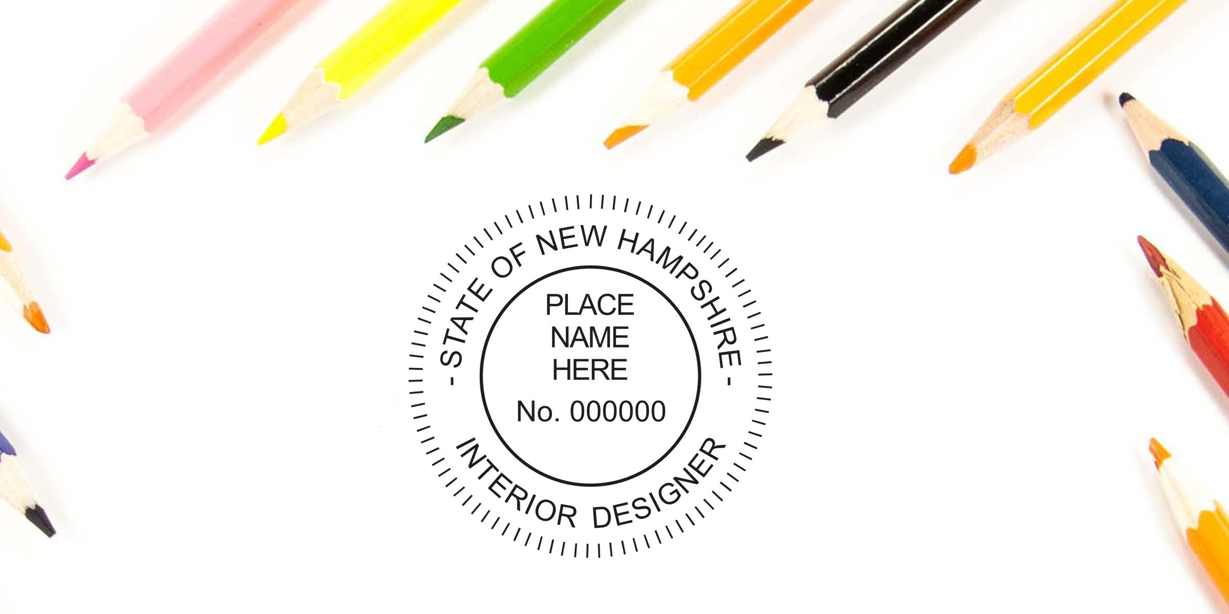 Official Interior Designer Certification seal for New Hampshire, encircled by colorful pencils, symbolizing the Interior Designer Seal NH.