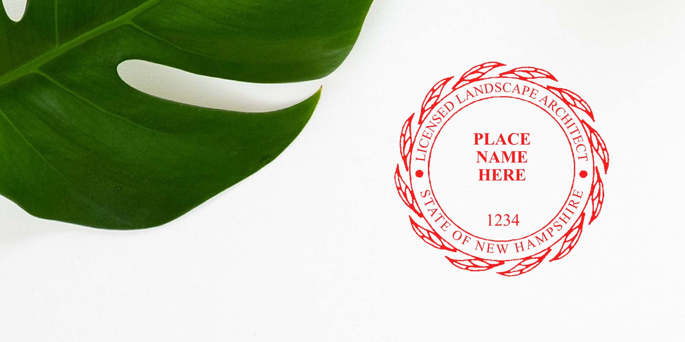 New Hampshire landscape architect stamp with licensed seal and green leaf background, representing the landscape architect licensing process.