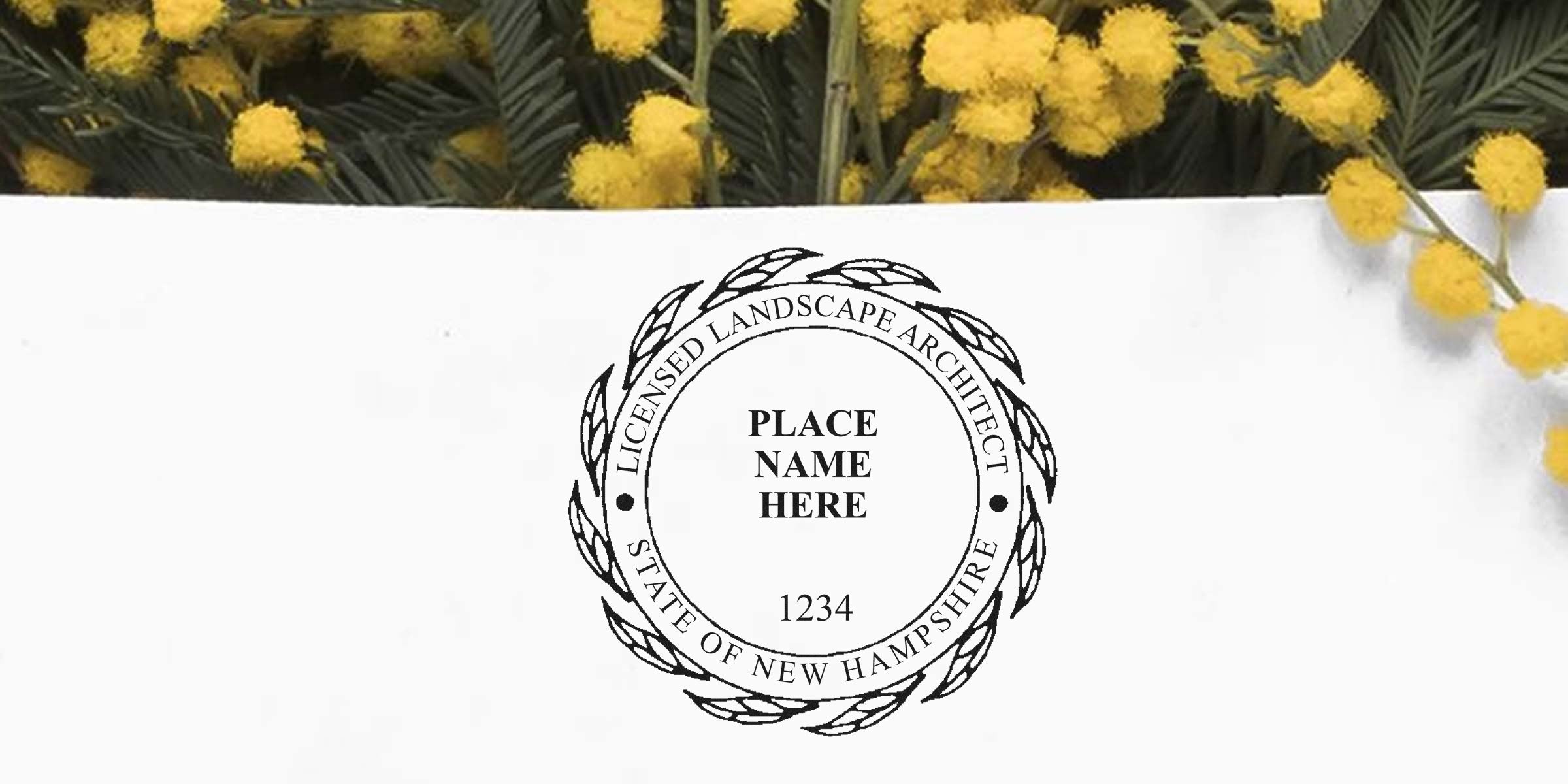 Licensed New Hampshire landscape architect stamp with yellow flower background, designed per landscape architect stamp guidelines.