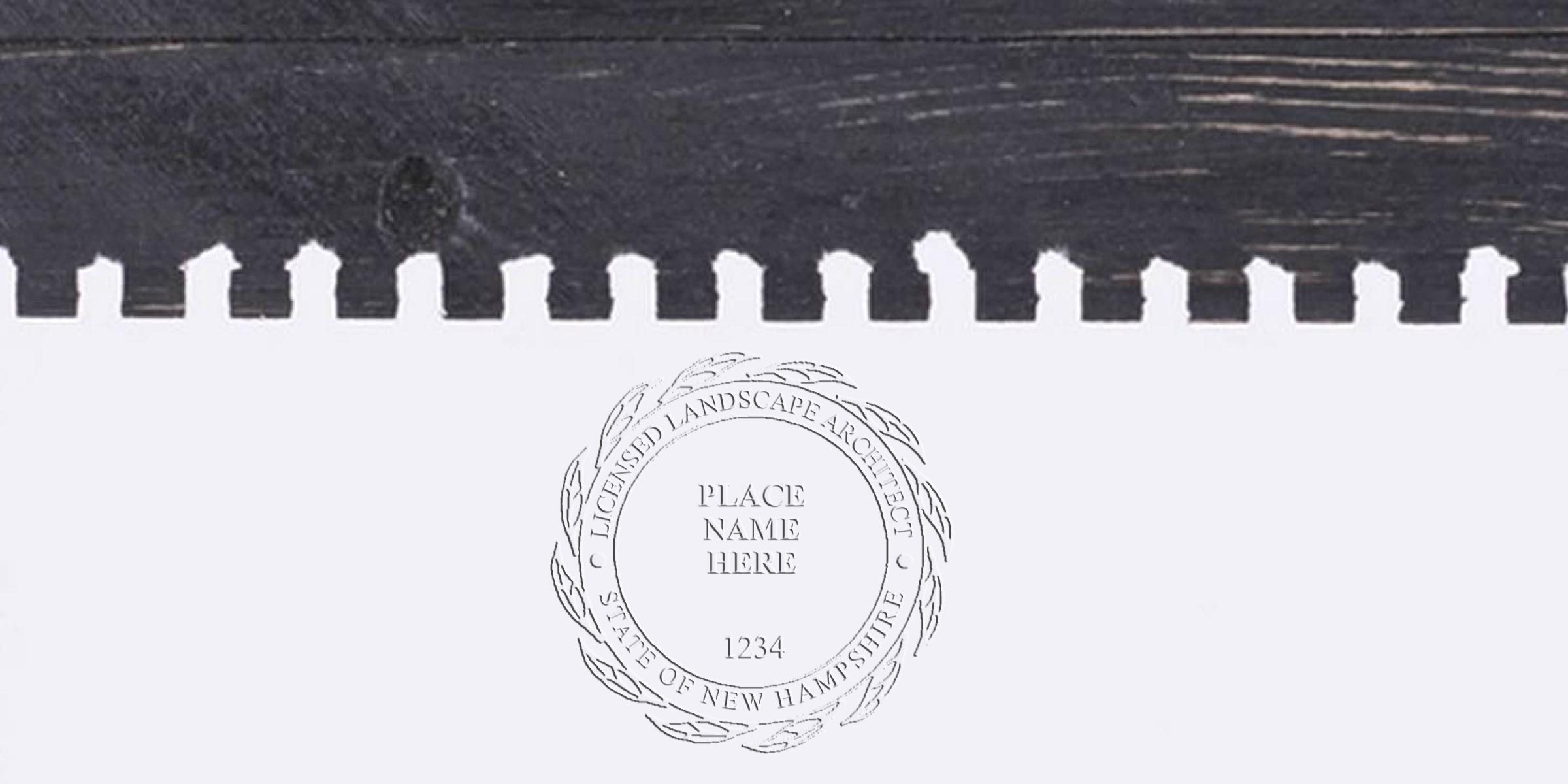 Licensed NH landscape architect seal template on white paper with black wooden background, designed for confident use.