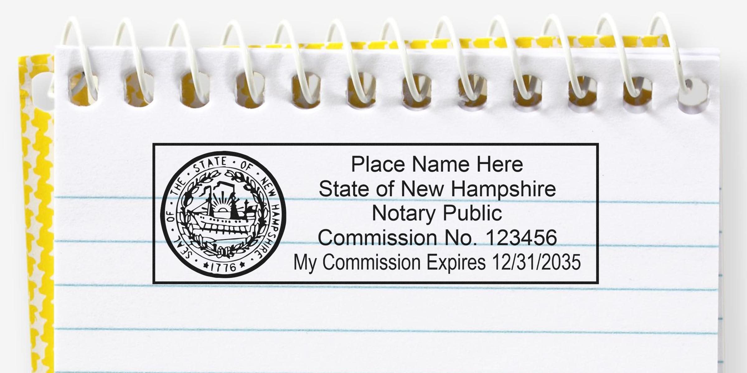 New Hampshire notary seal stamp with commission number and expiration date on lined notebook paper. Buy your notary seal online today.