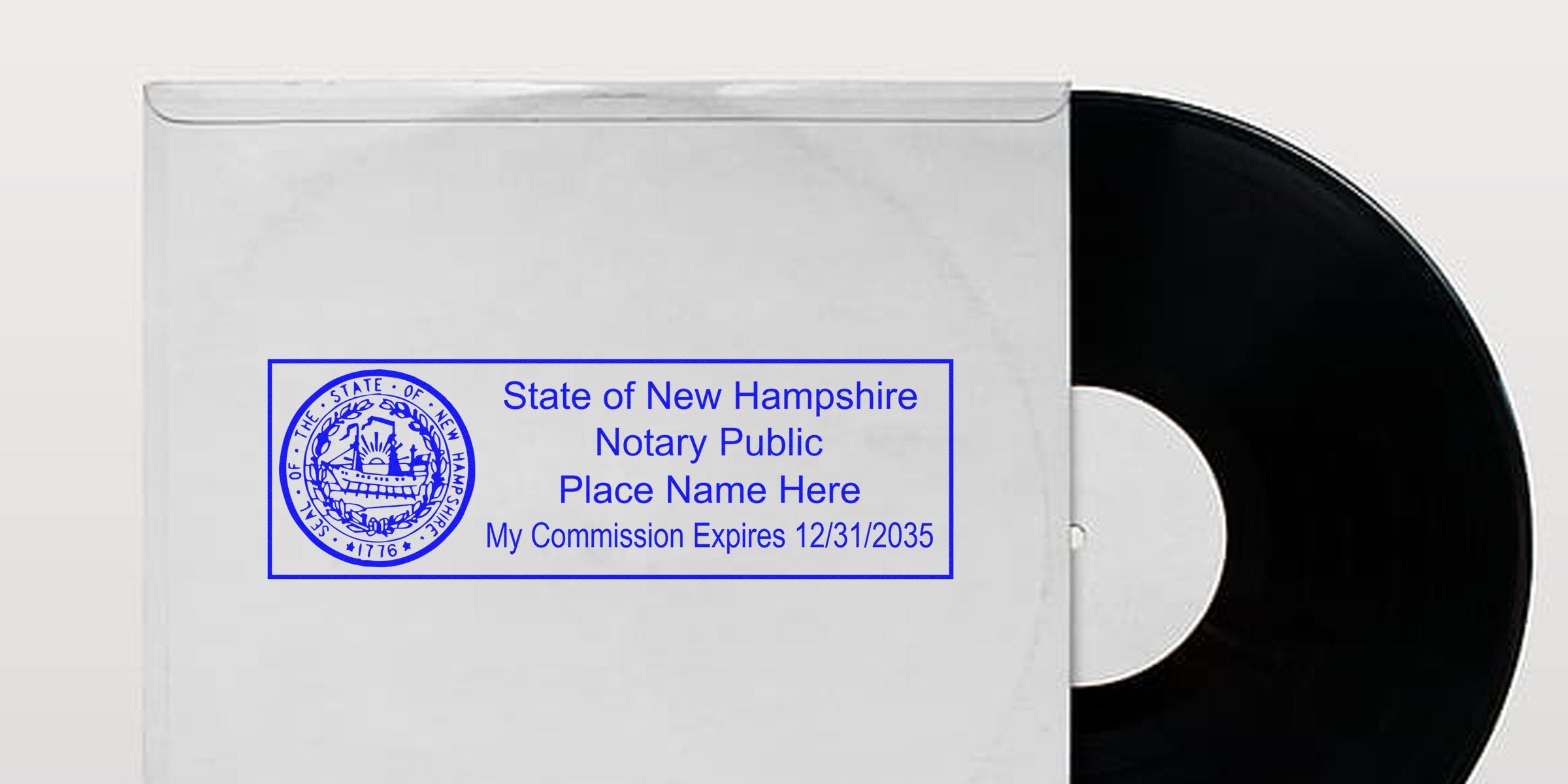 New Hampshire notary stamp on vinyl sleeve showing commission expiration date, meeting NH notary stamp requirements.