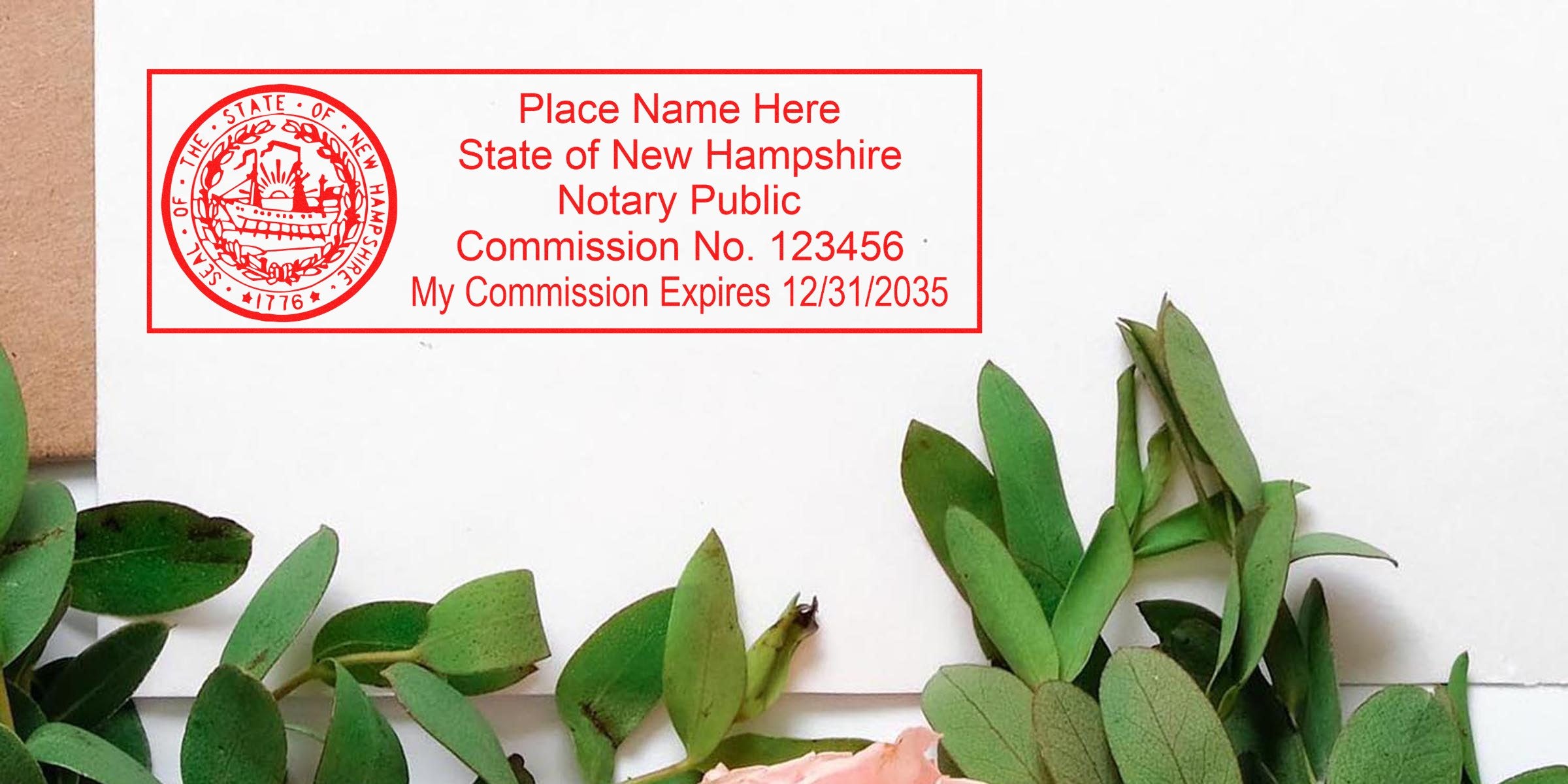 New Hampshire notary seal on white paper, decorated with green leaves and a pink flower, showing a trusted notary stamp.