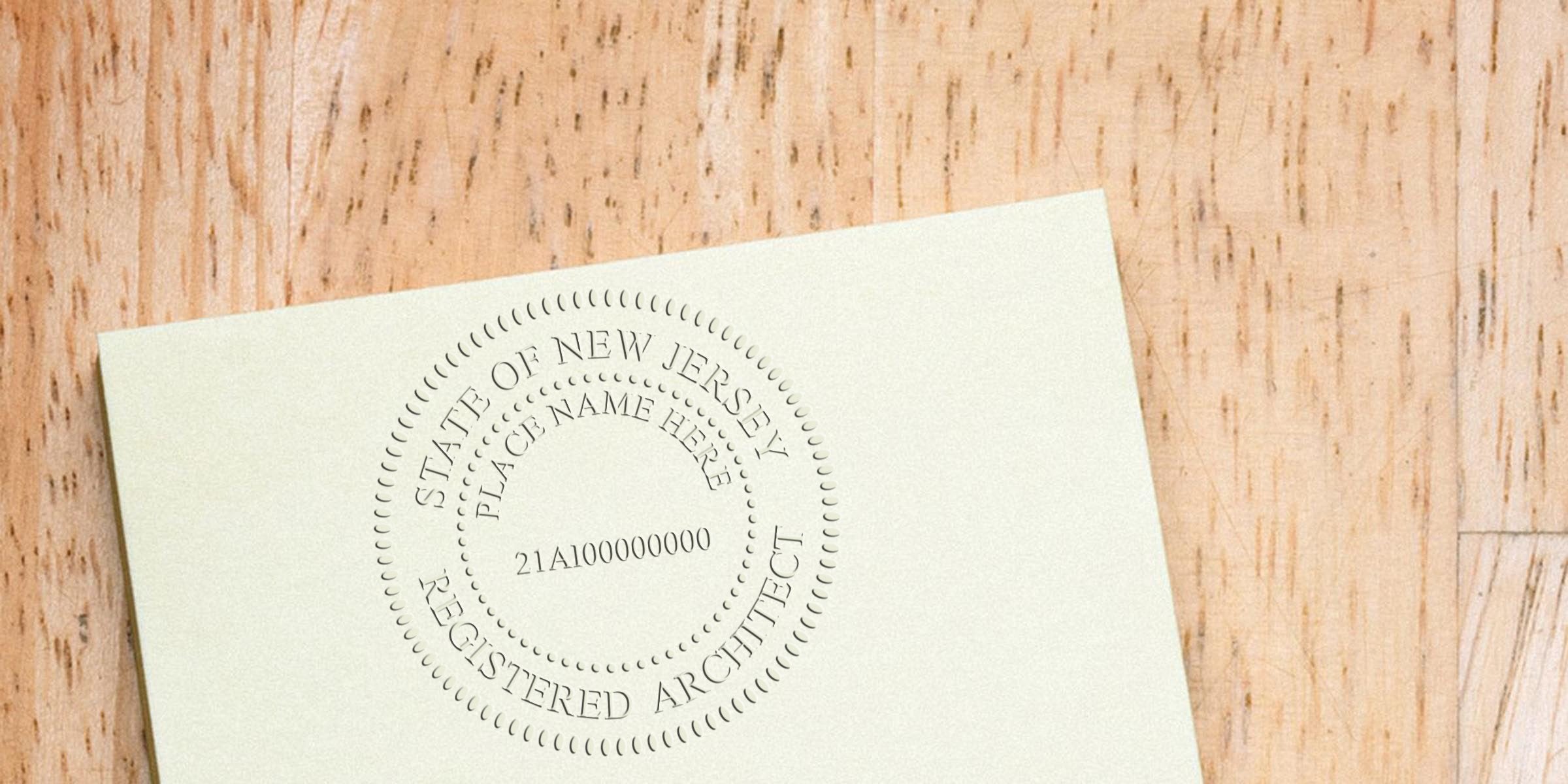 New Jersey architect stamp embossed on paper as an official professional certification seal, representing a registered architect stamp available online.