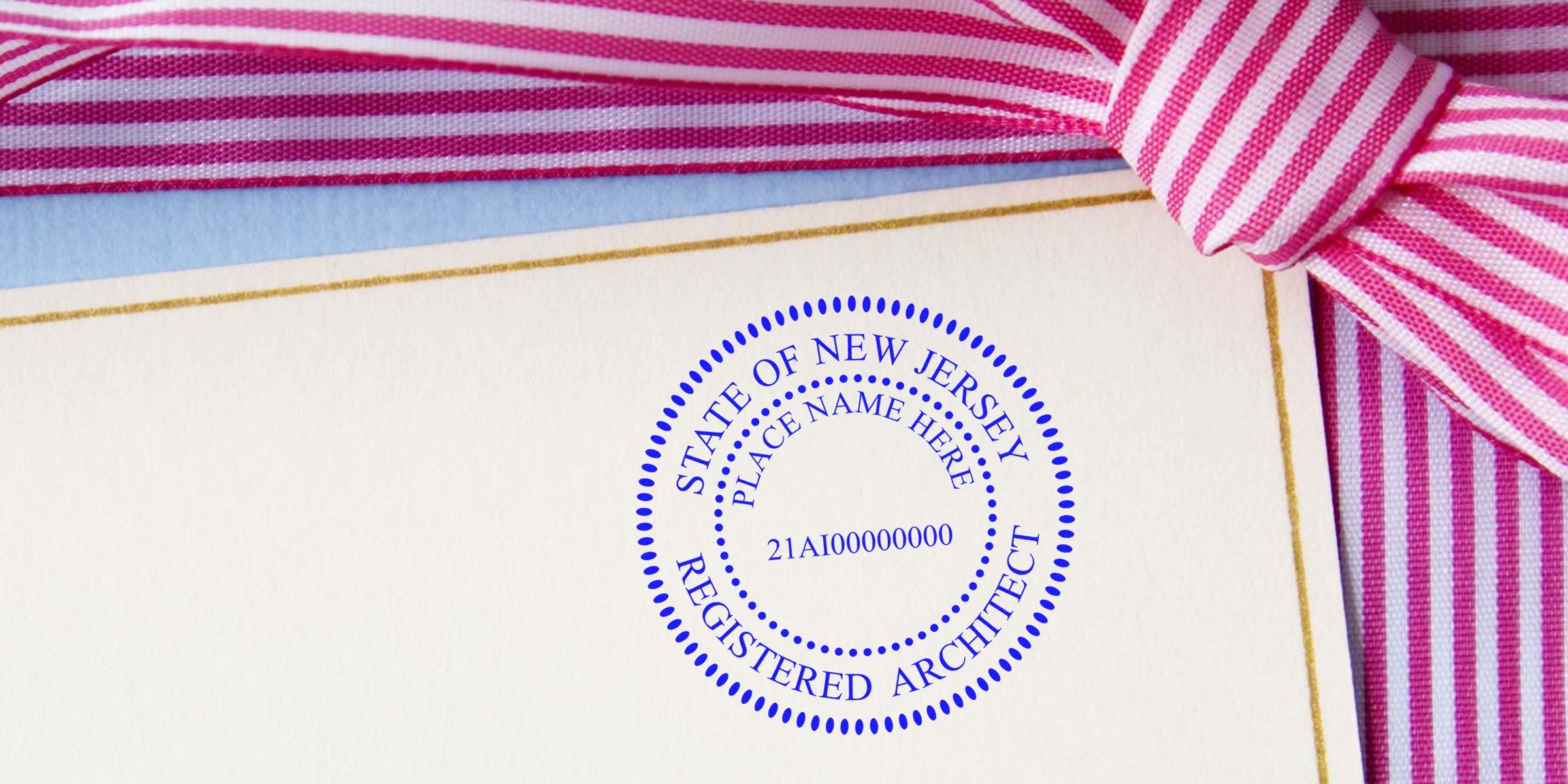 New Jersey architect stamp on certificate with registered architect seal and pink striped ribbon, meeting NJ architect stamp requirements.