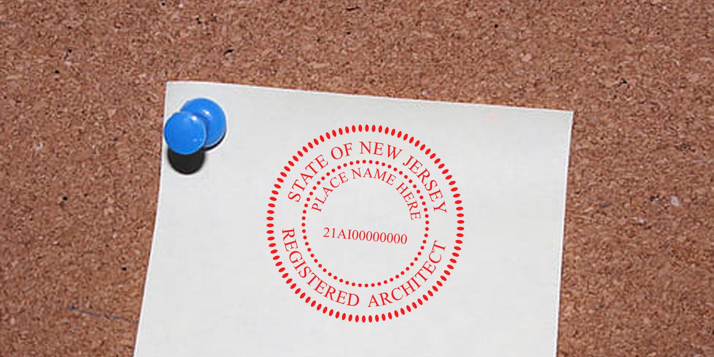 New Jersey Architect Stamp Embosser seal on white paper pinned to a corkboard, highlighting key New Jersey architect tools.