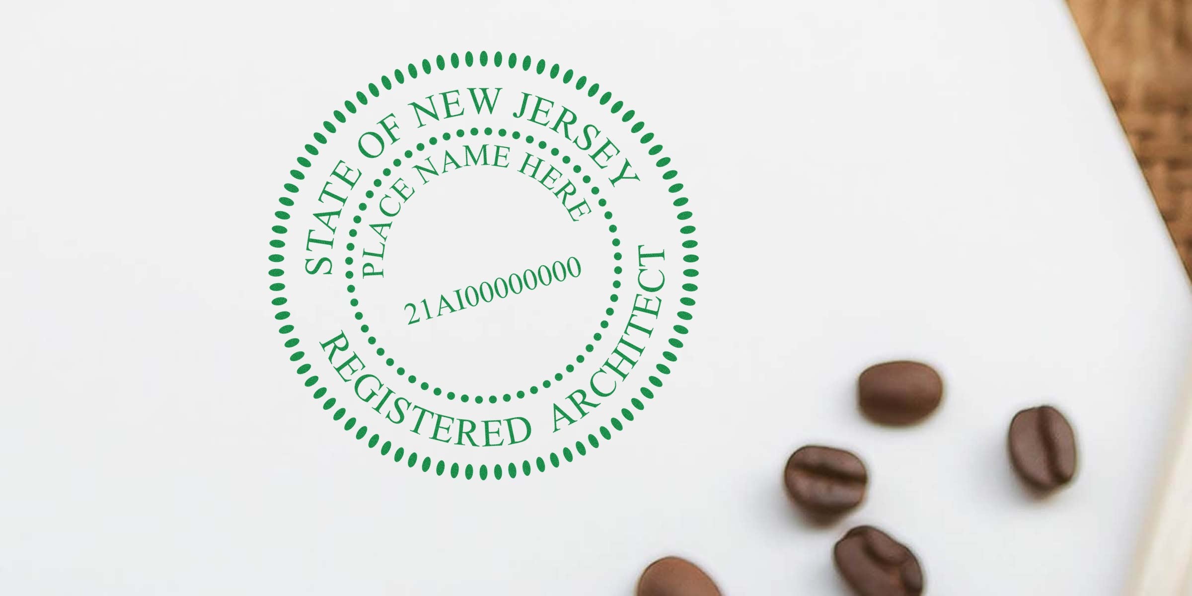 New Jersey architect stamp on white paper beside coffee beans, showing the architect stamp ordering process.