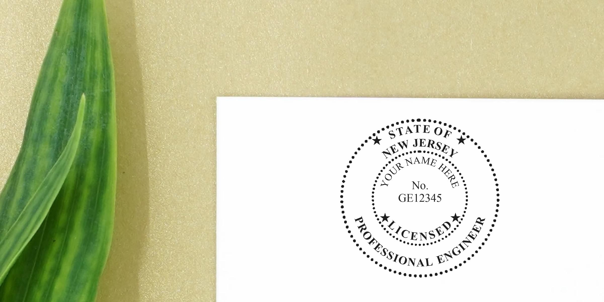 New Jersey licensed engineer seal on white paper with green leaf on gold background, showcasing trusted NJ engineer stamps and seals.