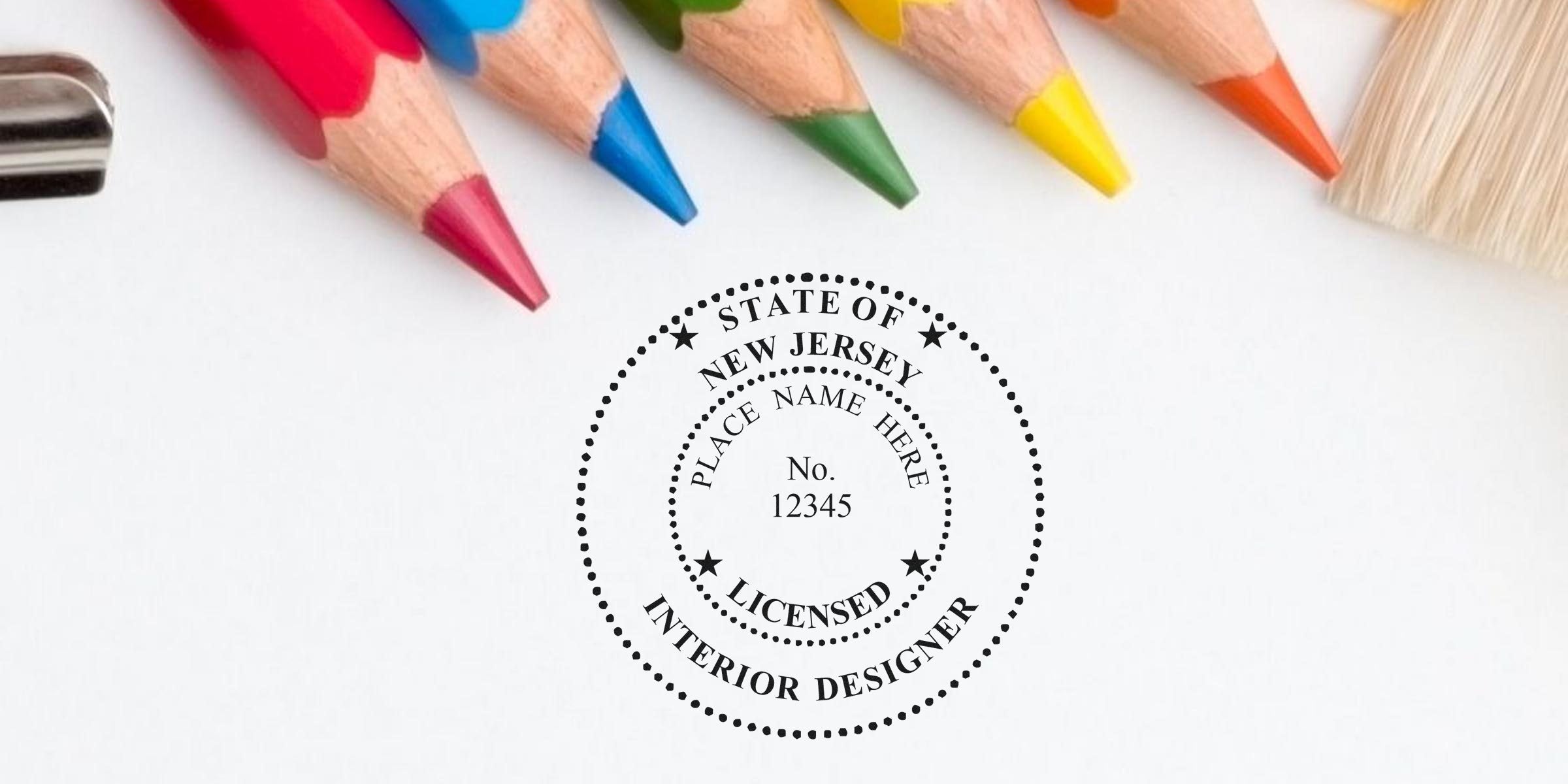 New Jersey interior designer stamp with colorful pencils and paintbrush on white, symbolizing the interior designer stamp application process.