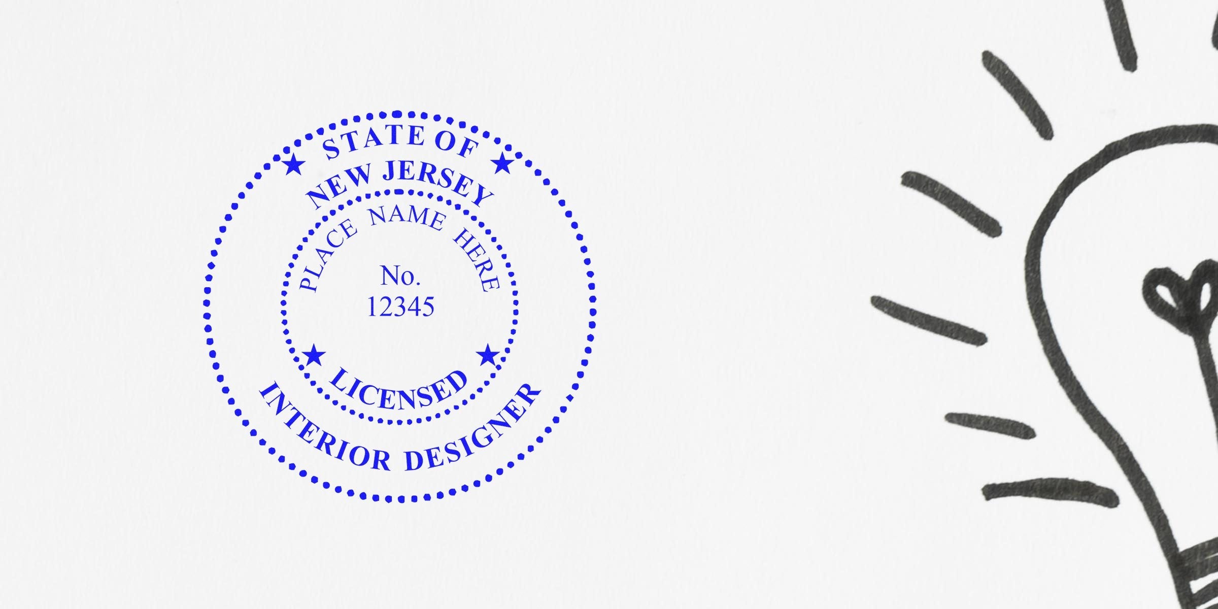 Licensed NJ interior designer stamp with a light bulb sketch symbolizing creative design ideas, emphasizing NJ interior design regulations.