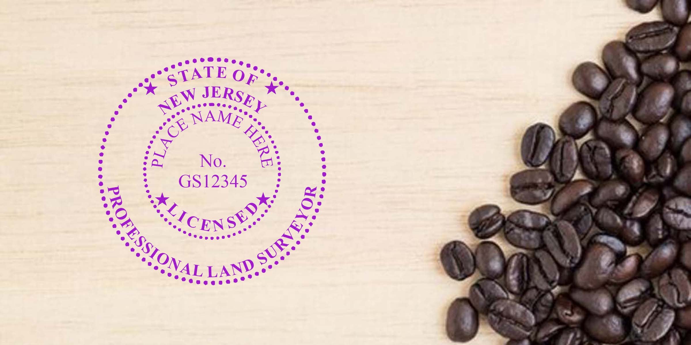New Jersey land surveyor stamp with coffee beans on a wooden background, highlighting the perfect stamp size.