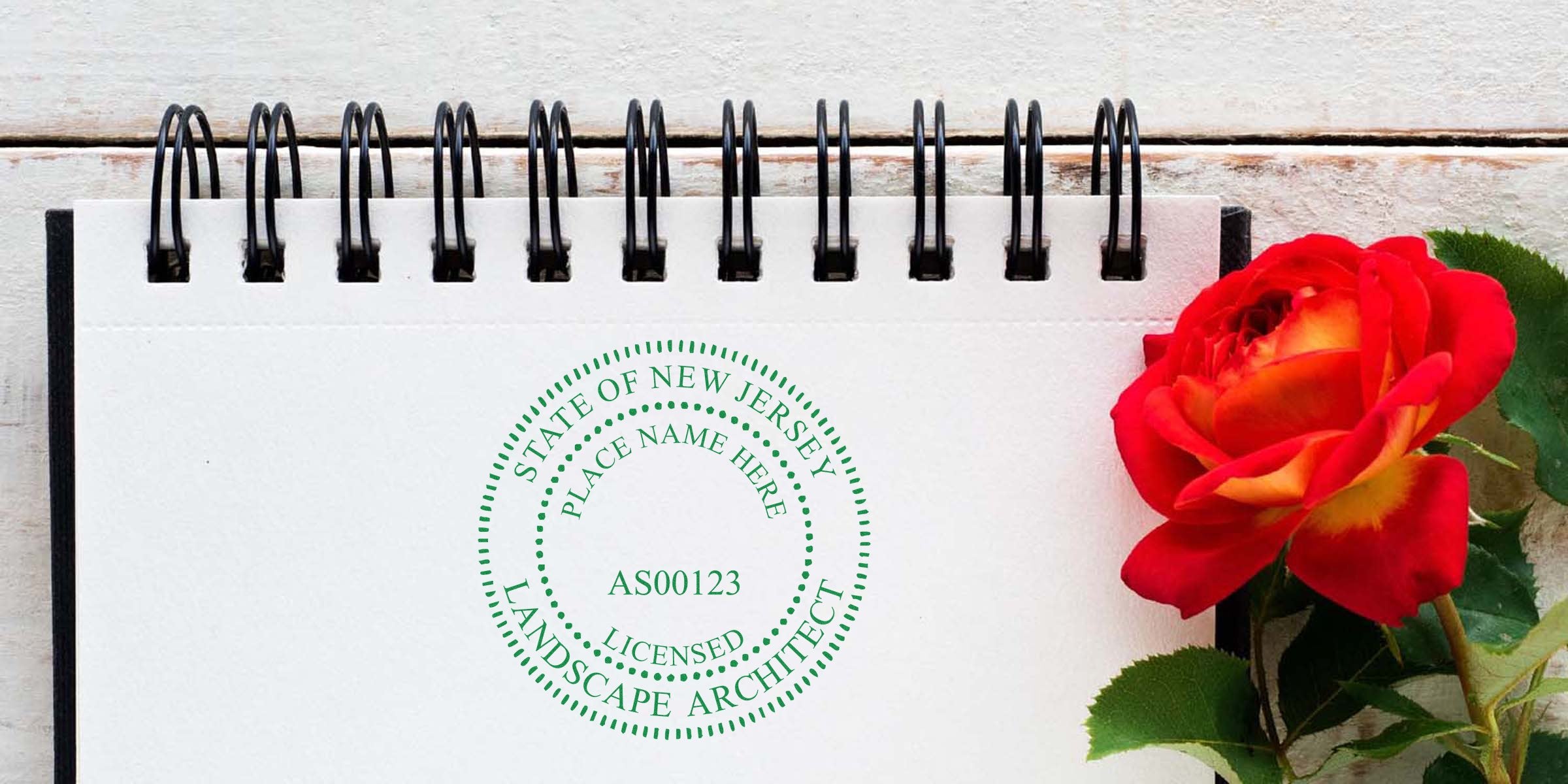 Licensed NJ landscape architect stamp and embosser on notebook beside a red rose on a wooden table.